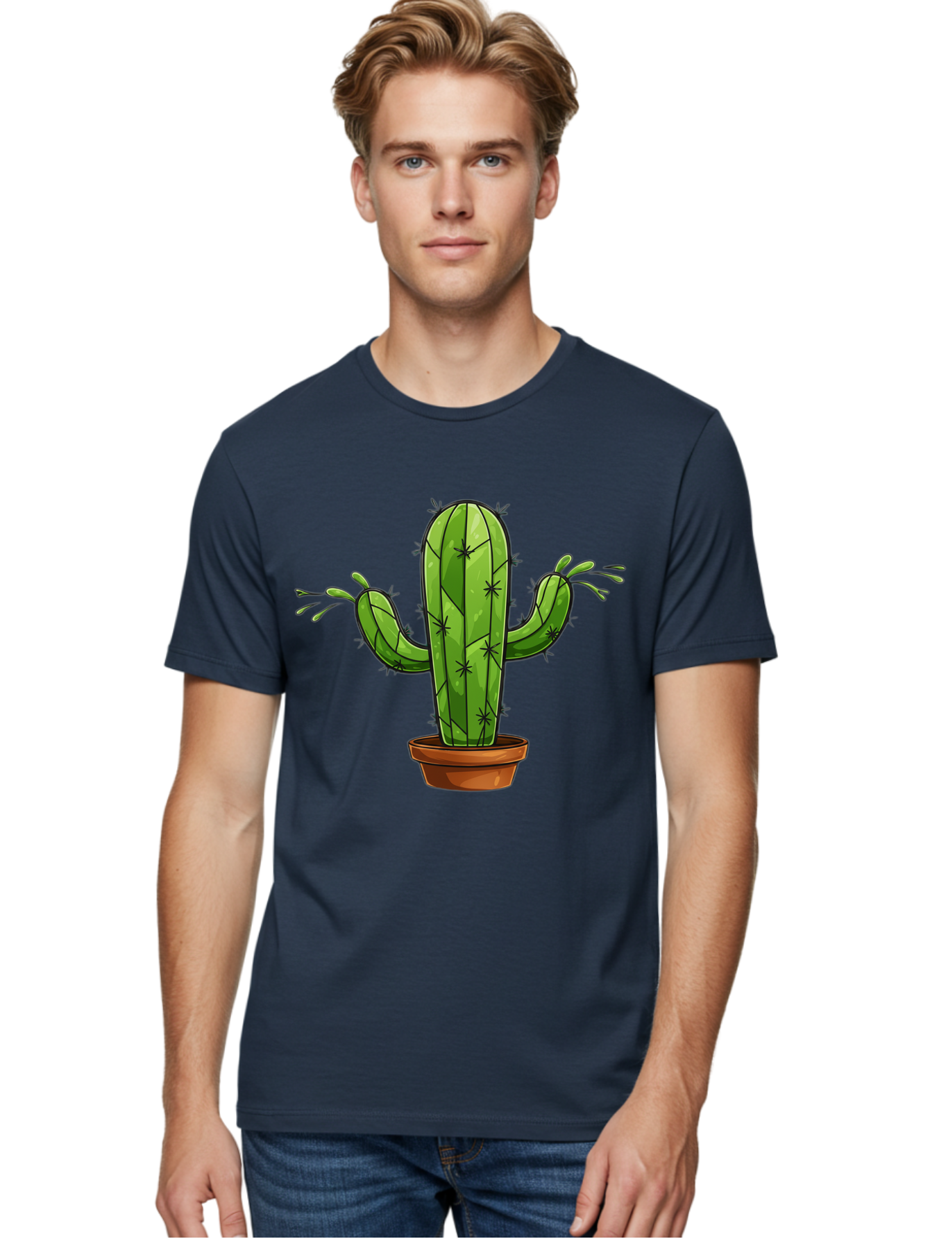 Cactus-5 Men'S Graphic Tee, 100% Cotton, Comfortable Casual Summer Wear, Machine Washable, Potted Cactus, Cartoon Cactus, Cactus Plant, Green Cactus, Terracotta Pot, Prickly Cactus, Desert Plant, Houseplant, Succulent, Cactus Illustration, Bac727