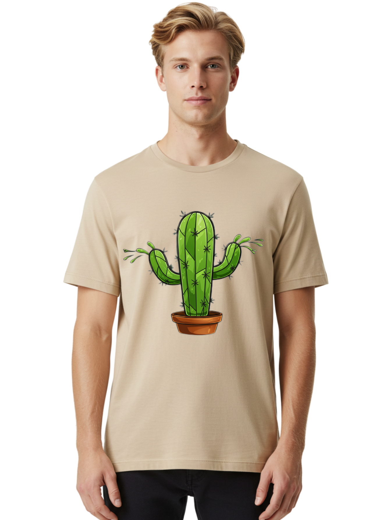 Cactus-5 Men'S Graphic Tee, 100% Cotton, Comfortable Casual Summer Wear, Machine Washable, Potted Cactus, Cartoon Cactus, Cactus Plant, Green Cactus, Terracotta Pot, Prickly Cactus, Desert Plant, Houseplant, Succulent, Cactus Illustration, Bac727
