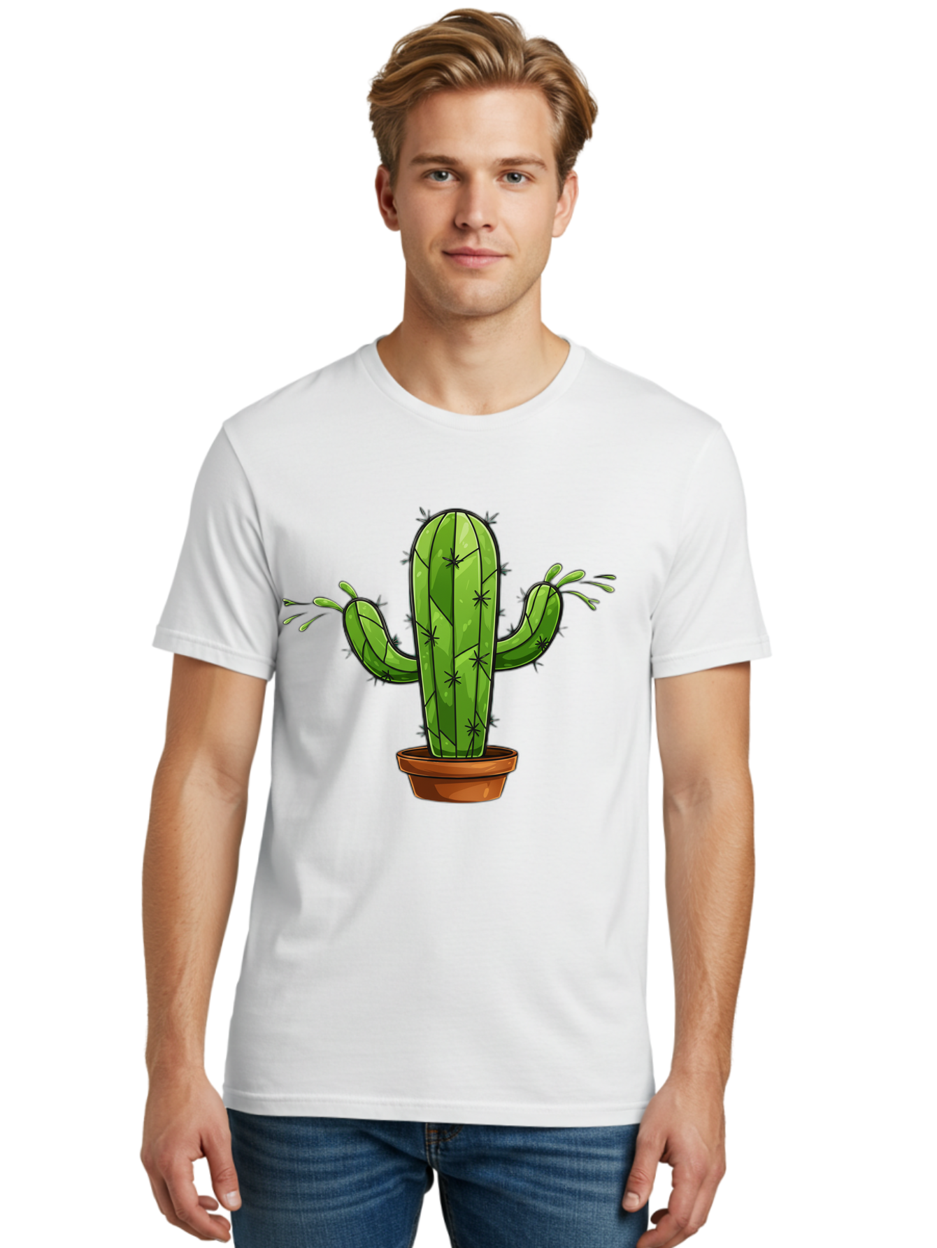 Cactus-5 Men'S Graphic Tee, 100% Cotton, Comfortable Casual Summer Wear, Machine Washable, Potted Cactus, Cartoon Cactus, Cactus Plant, Green Cactus, Terracotta Pot, Prickly Cactus, Desert Plant, Houseplant, Succulent, Cactus Illustration, Bac727
