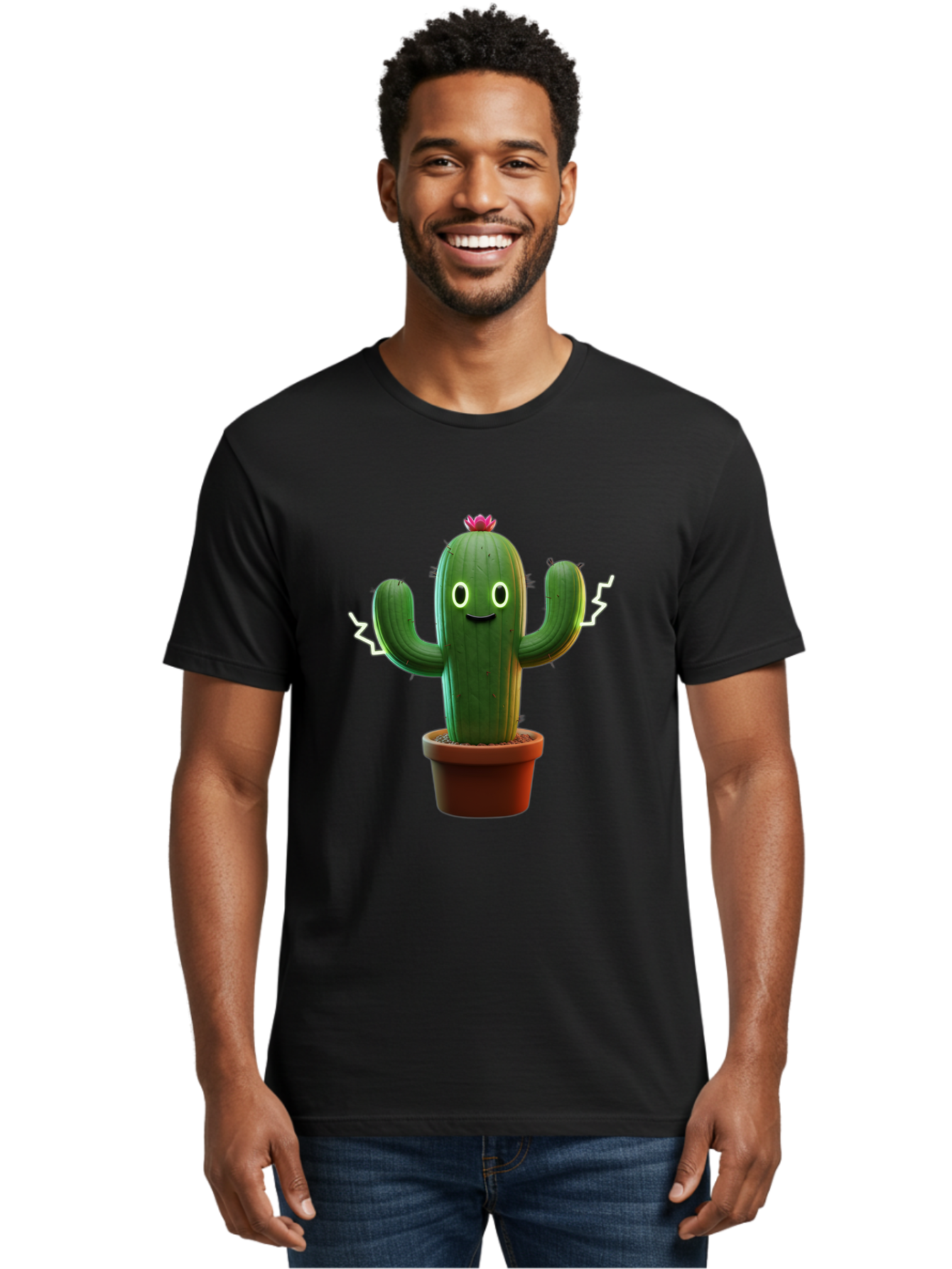 Cactus-6 Men'S Graphic Tee, 100% Cotton, Comfortable Casual Summer Wear, Machine Washable, Cartoon Cactus, Happy Cactus, Cactus Character, Potted Cactus, Desert Plant, Kawaii Cactus, Cactus With Face, Glowing Eyes, Cute Cactus, Funny Cactus Bac728