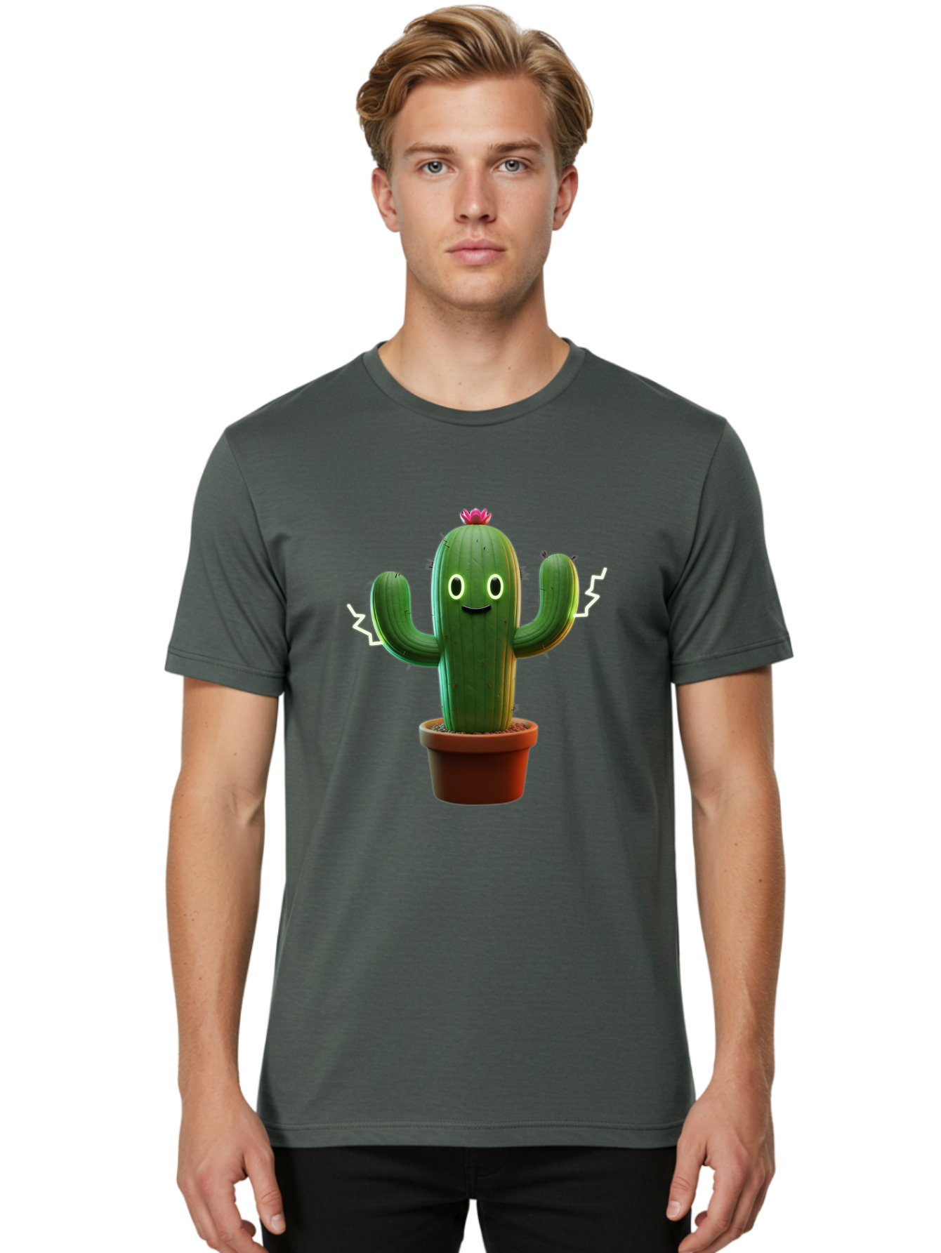 Cactus-6 Men'S Graphic Tee, 100% Cotton, Comfortable Casual Summer Wear, Machine Washable, Cartoon Cactus, Happy Cactus, Cactus Character, Potted Cactus, Desert Plant, Kawaii Cactus, Cactus With Face, Glowing Eyes, Cute Cactus, Funny Cactus Bac728