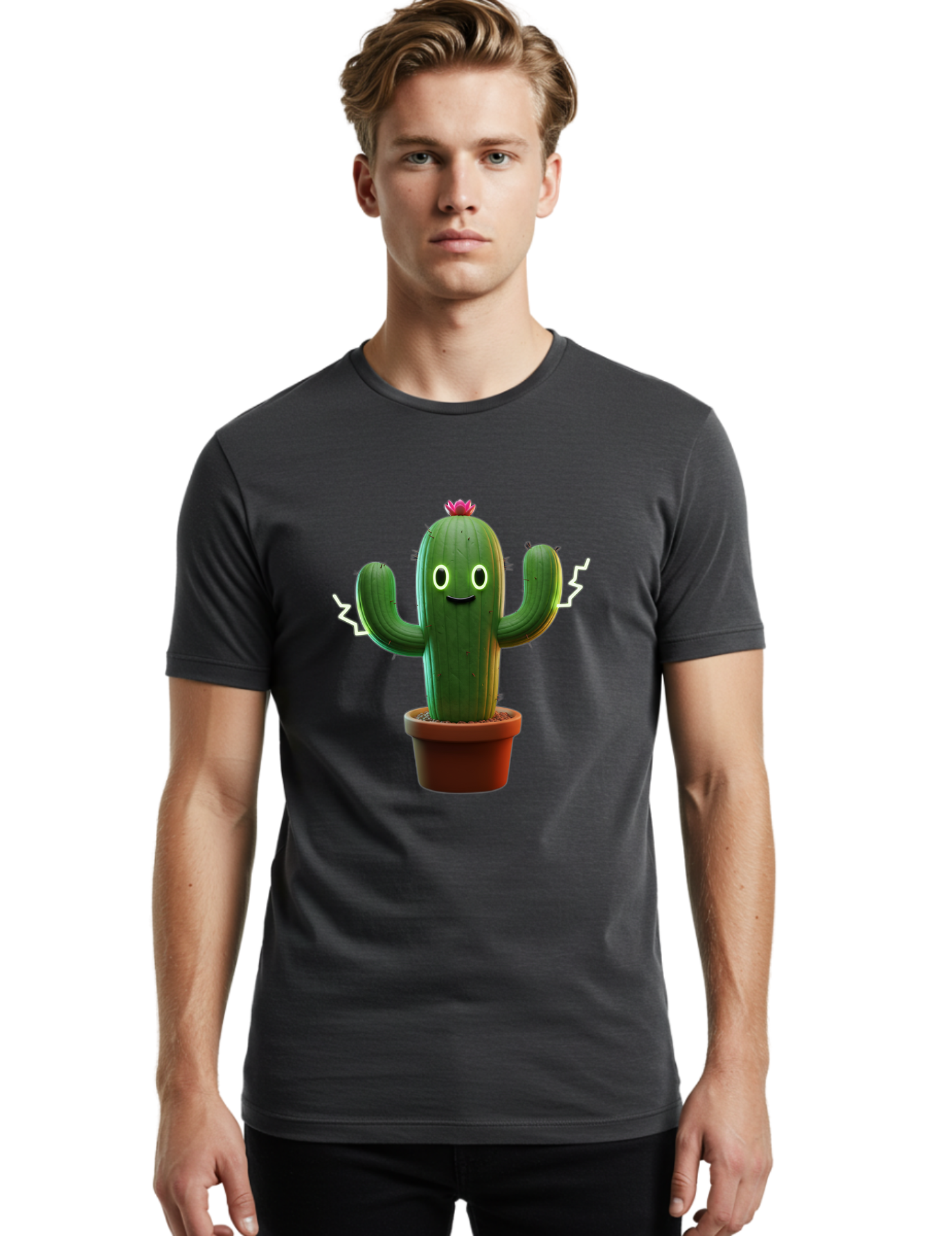 Cactus-6 Men'S Graphic Tee, 100% Cotton, Comfortable Casual Summer Wear, Machine Washable, Cartoon Cactus, Happy Cactus, Cactus Character, Potted Cactus, Desert Plant, Kawaii Cactus, Cactus With Face, Glowing Eyes, Cute Cactus, Funny Cactus Bac728