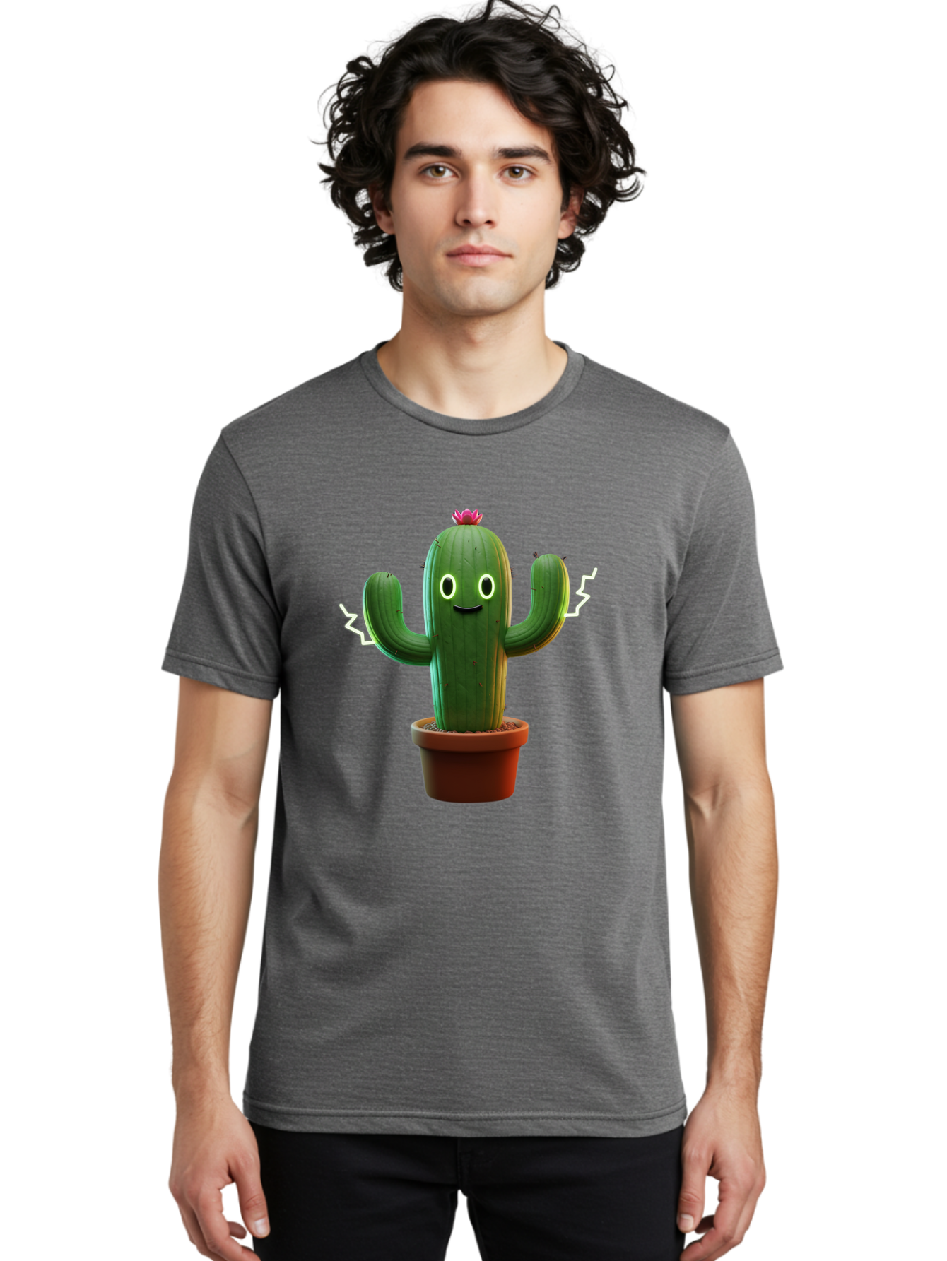 Cactus-6 Men'S Graphic Tee, 100% Cotton, Comfortable Casual Summer Wear, Machine Washable, Cartoon Cactus, Happy Cactus, Cactus Character, Potted Cactus, Desert Plant, Kawaii Cactus, Cactus With Face, Glowing Eyes, Cute Cactus, Funny Cactus Bac728