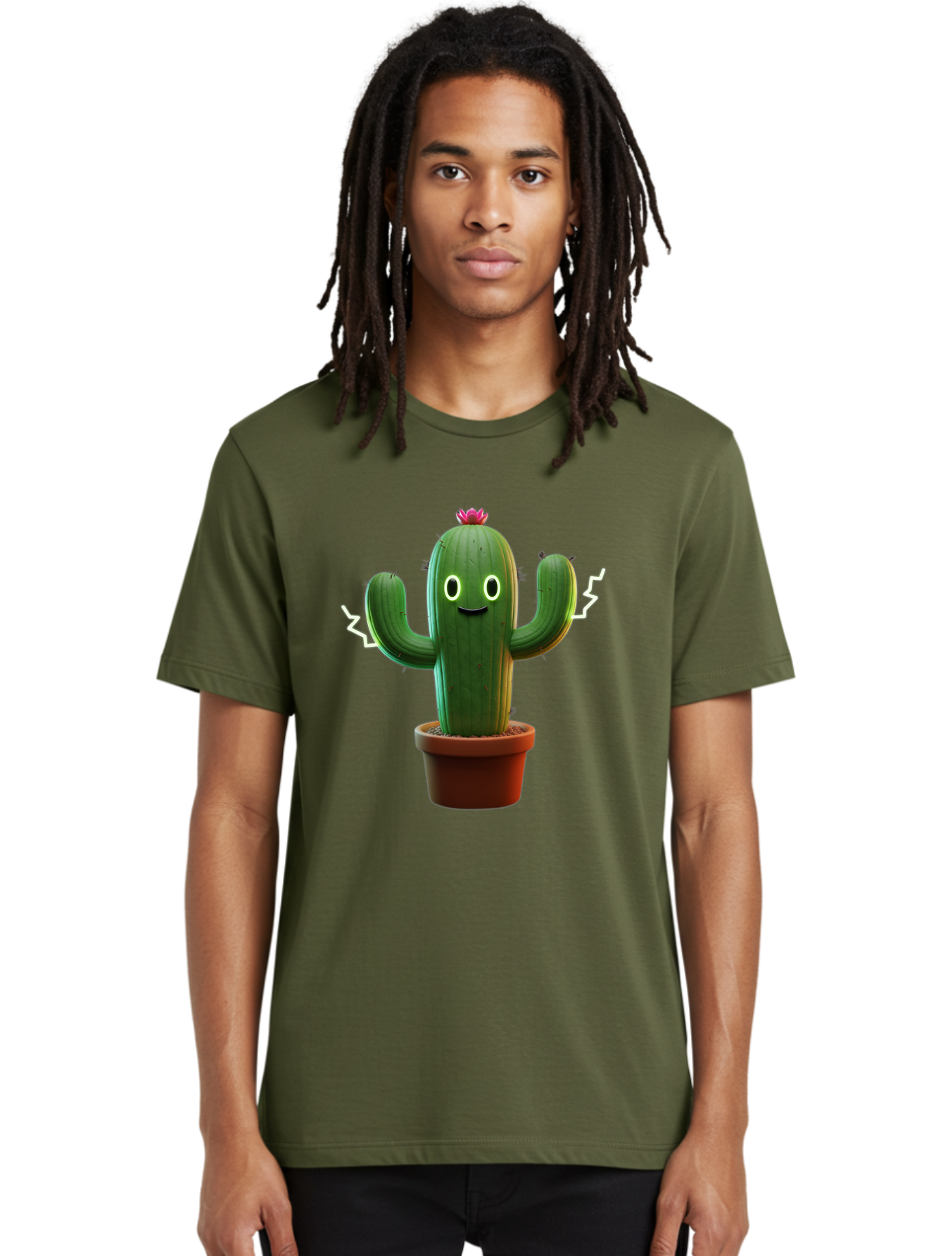 Cactus-6 Men'S Graphic Tee, 100% Cotton, Comfortable Casual Summer Wear, Machine Washable, Cartoon Cactus, Happy Cactus, Cactus Character, Potted Cactus, Desert Plant, Kawaii Cactus, Cactus With Face, Glowing Eyes, Cute Cactus, Funny Cactus Bac728
