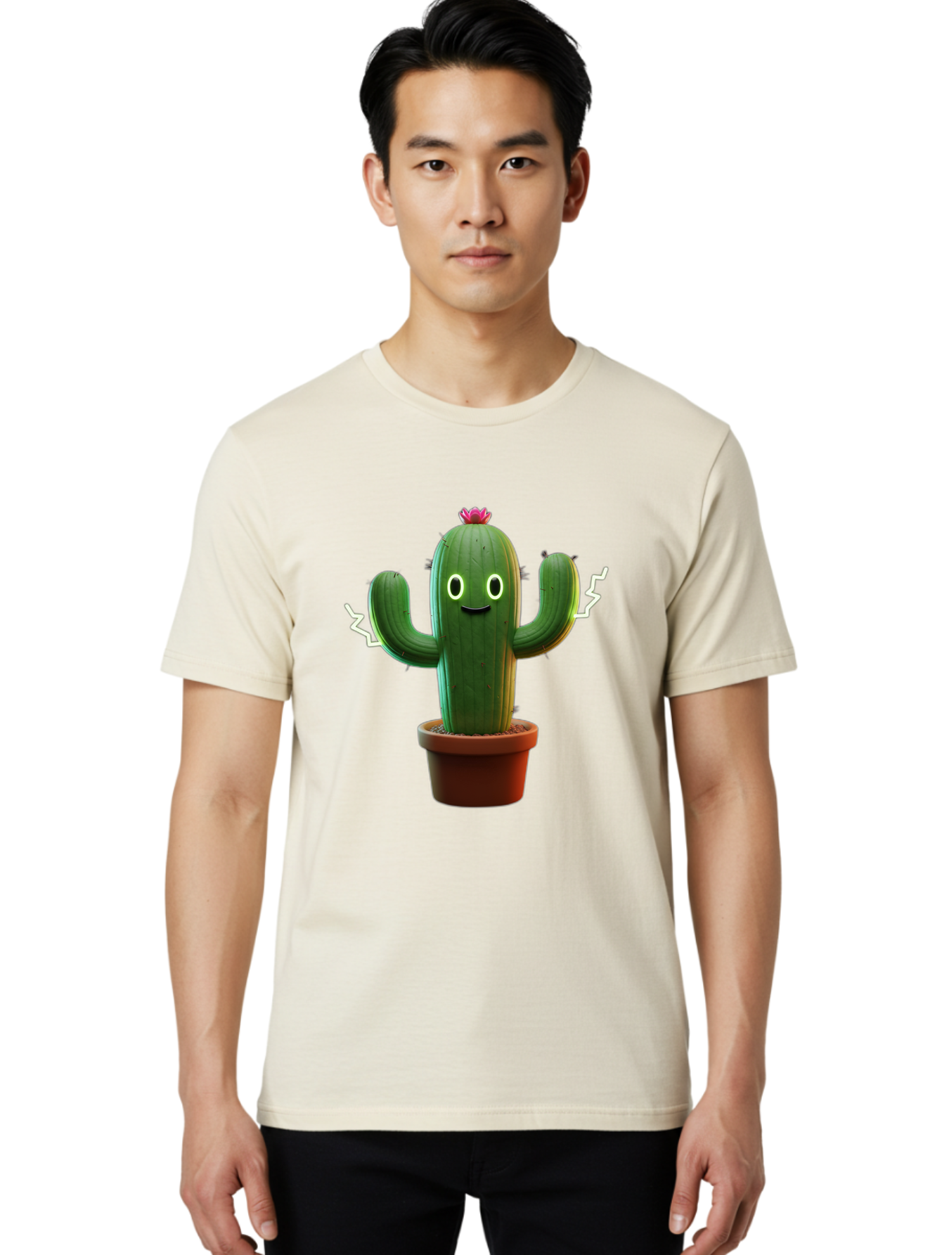 Cactus-6 Men'S Graphic Tee, 100% Cotton, Comfortable Casual Summer Wear, Machine Washable, Cartoon Cactus, Happy Cactus, Cactus Character, Potted Cactus, Desert Plant, Kawaii Cactus, Cactus With Face, Glowing Eyes, Cute Cactus, Funny Cactus Bac728