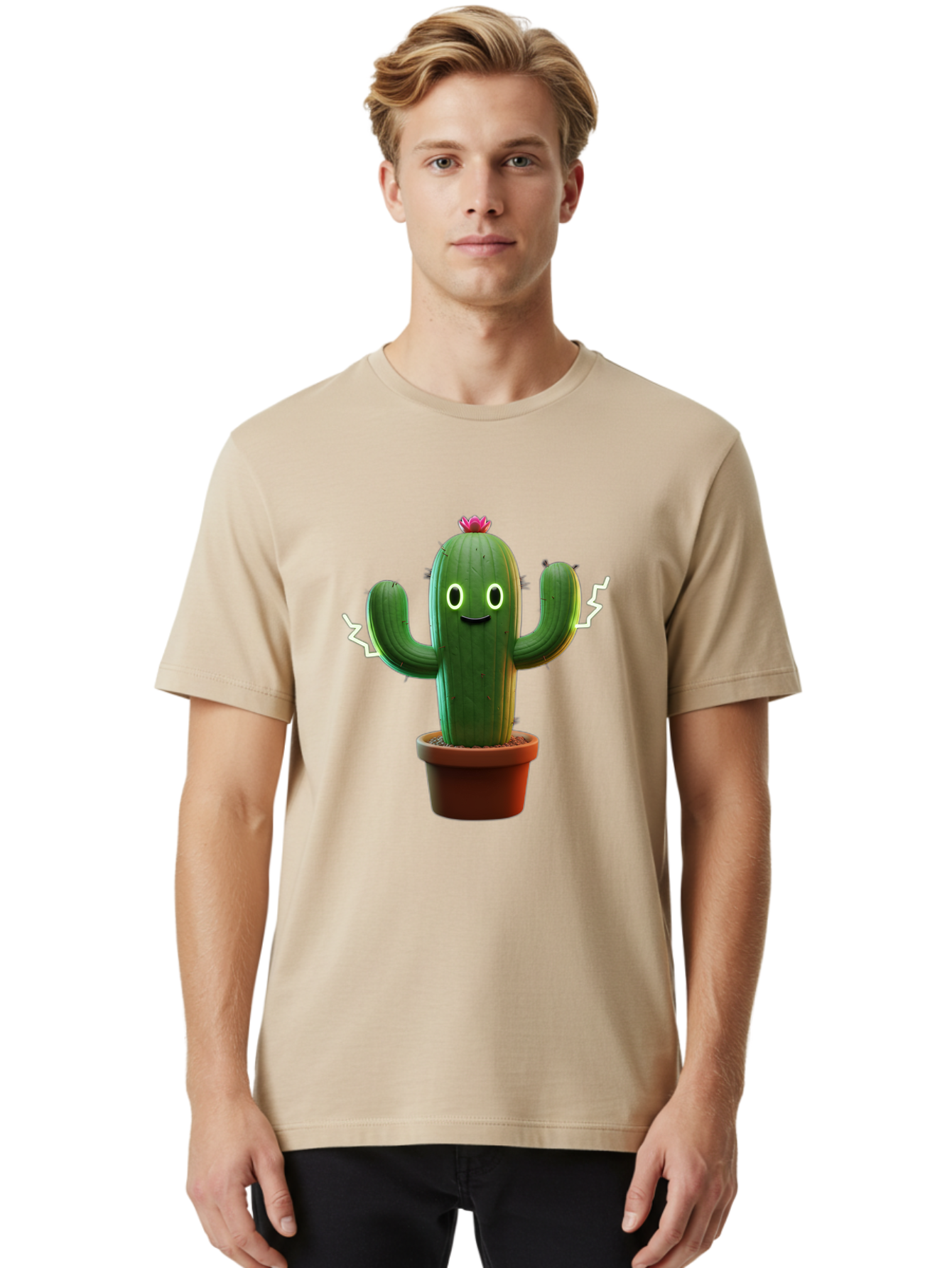 Cactus-6 Men'S Graphic Tee, 100% Cotton, Comfortable Casual Summer Wear, Machine Washable, Cartoon Cactus, Happy Cactus, Cactus Character, Potted Cactus, Desert Plant, Kawaii Cactus, Cactus With Face, Glowing Eyes, Cute Cactus, Funny Cactus Bac728