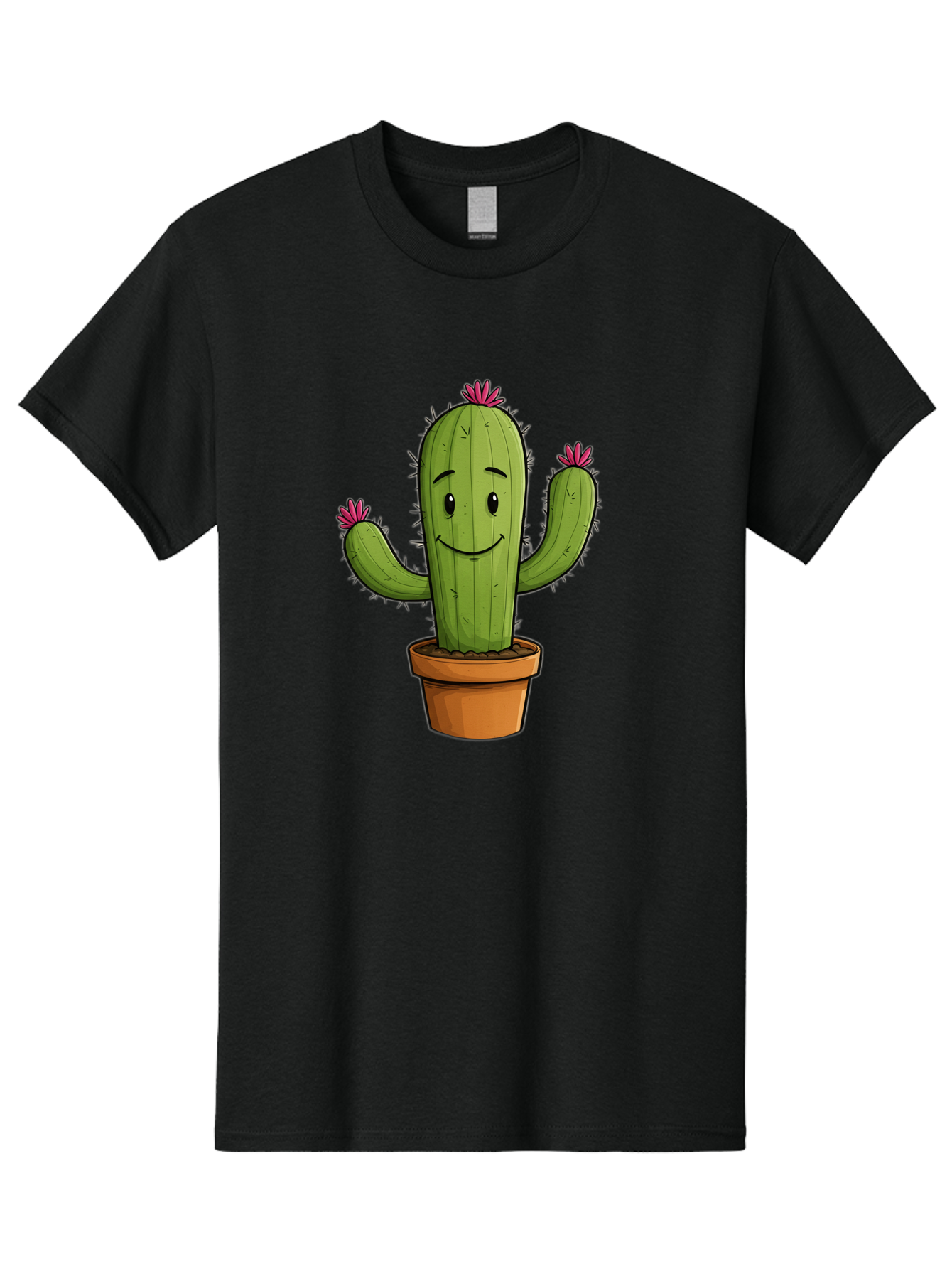 Cactus-8 Men'S Graphic Tee, 100% Cotton, Comfortable Casual Summer Wear, Machine Washable, Cartoon Cactus, Happy Face, Potted Plant, Cacti, Prickly Pear, Succulent, Flowering Cactus, Kawaii, Cute, Smiling Cactus, Pink Flowers, Quirky, Fun, Bac730