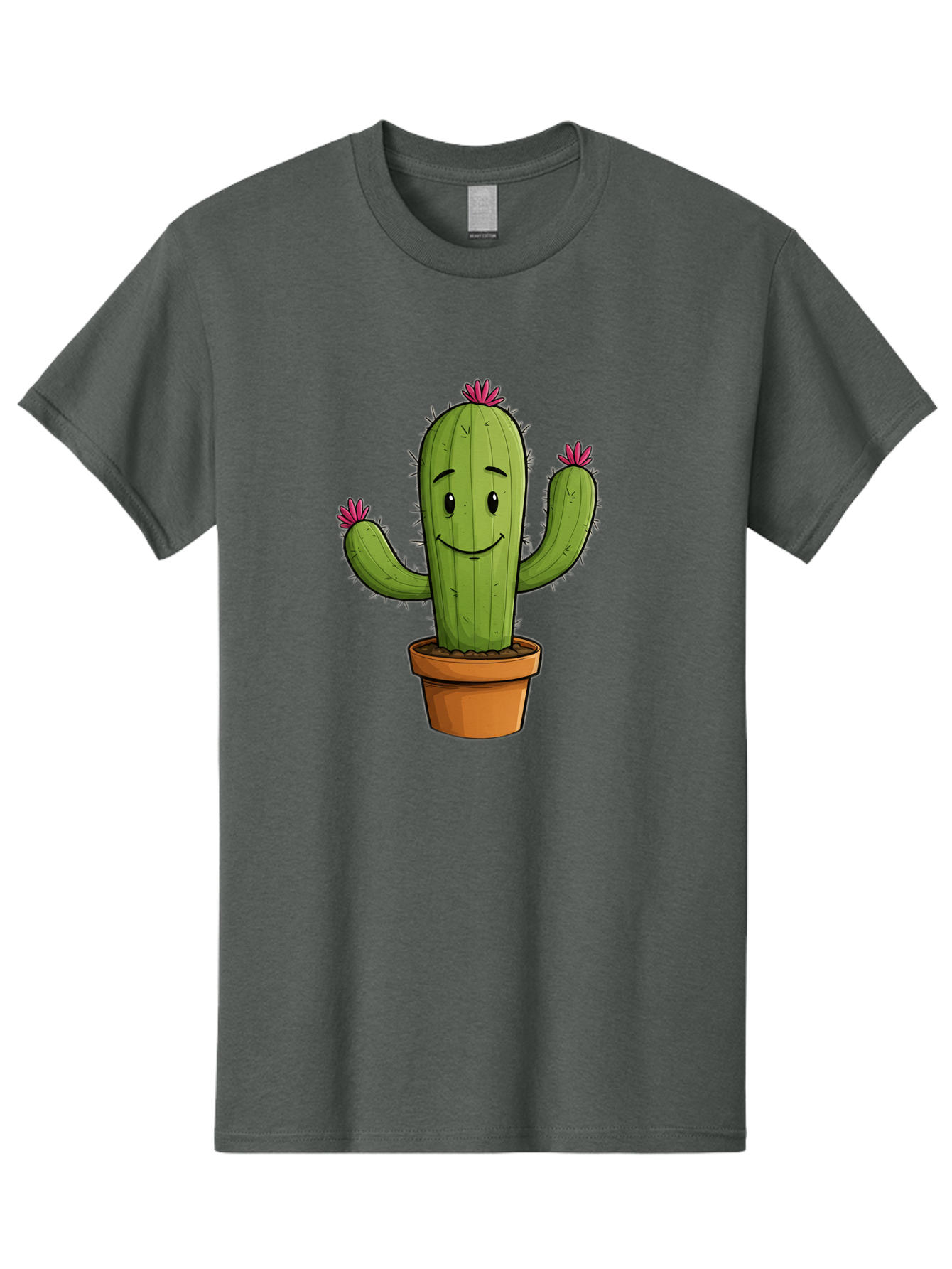 Cactus-8 Men'S Graphic Tee, 100% Cotton, Comfortable Casual Summer Wear, Machine Washable, Cartoon Cactus, Happy Face, Potted Plant, Cacti, Prickly Pear, Succulent, Flowering Cactus, Kawaii, Cute, Smiling Cactus, Pink Flowers, Quirky, Fun, Bac730