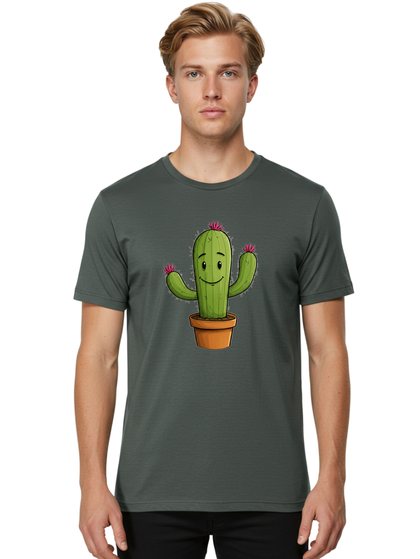 Cactus-8 Men'S Graphic Tee, 100% Cotton, Comfortable Casual Summer Wear, Machine Washable, Cartoon Cactus, Happy Face, Potted Plant, Cacti, Prickly Pear, Succulent, Flowering Cactus, Kawaii, Cute, Smiling Cactus, Pink Flowers, Quirky, Fun, Bac730