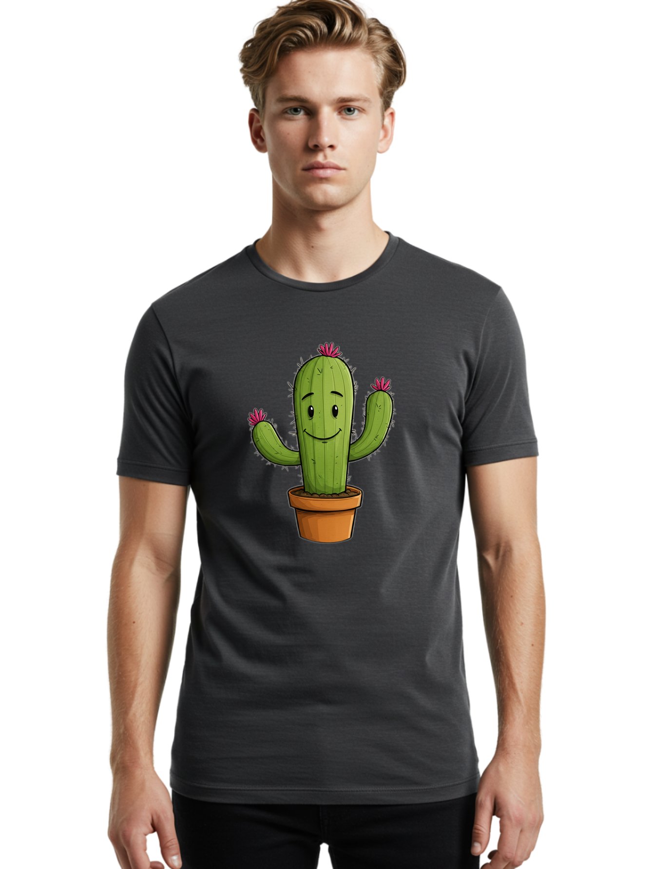 Cactus-8 Men'S Graphic Tee, 100% Cotton, Comfortable Casual Summer Wear, Machine Washable, Cartoon Cactus, Happy Face, Potted Plant, Cacti, Prickly Pear, Succulent, Flowering Cactus, Kawaii, Cute, Smiling Cactus, Pink Flowers, Quirky, Fun, Bac730