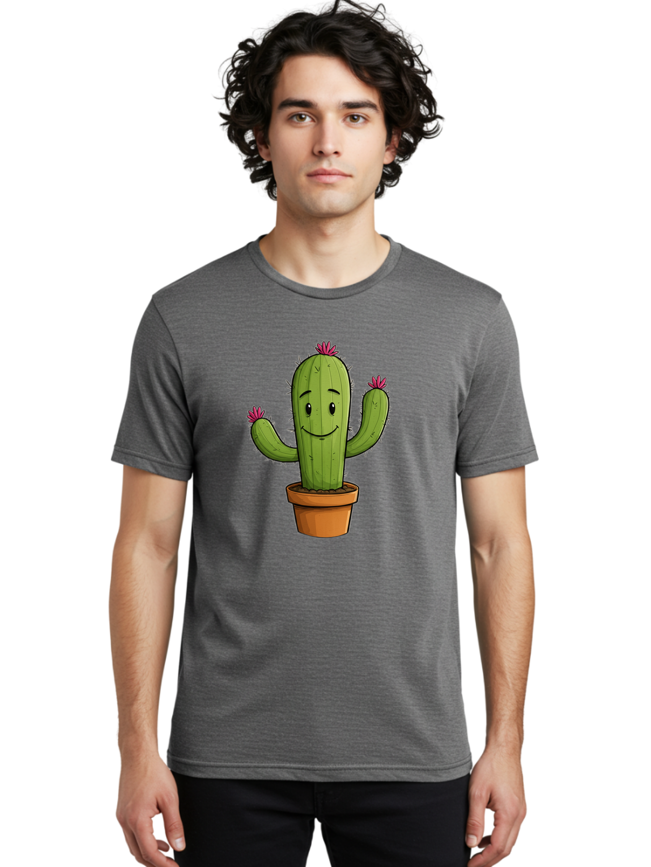 Cactus-8 Men'S Graphic Tee, 100% Cotton, Comfortable Casual Summer Wear, Machine Washable, Cartoon Cactus, Happy Face, Potted Plant, Cacti, Prickly Pear, Succulent, Flowering Cactus, Kawaii, Cute, Smiling Cactus, Pink Flowers, Quirky, Fun, Bac730