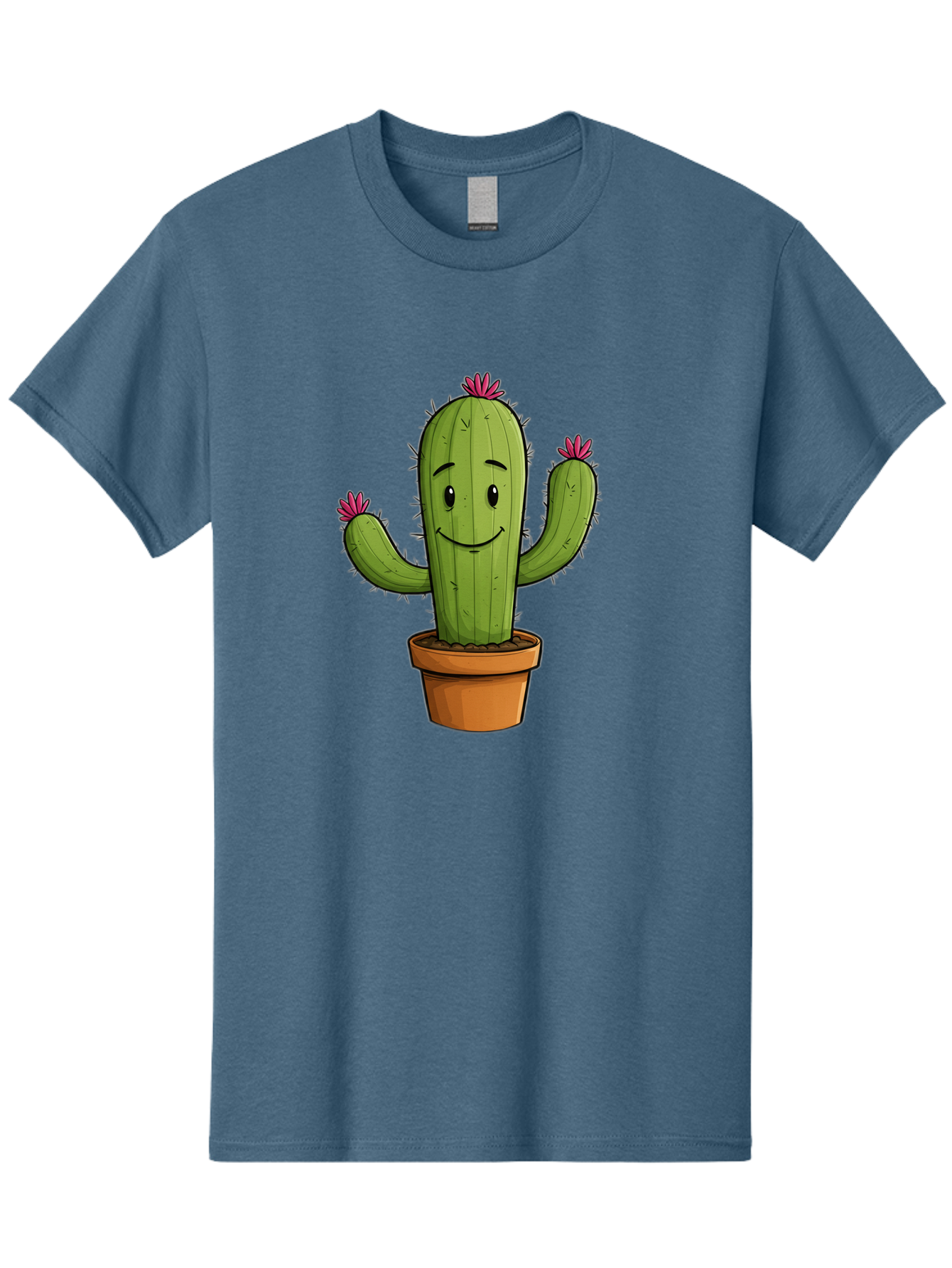 Cactus-8 Men'S Graphic Tee, 100% Cotton, Comfortable Casual Summer Wear, Machine Washable, Cartoon Cactus, Happy Face, Potted Plant, Cacti, Prickly Pear, Succulent, Flowering Cactus, Kawaii, Cute, Smiling Cactus, Pink Flowers, Quirky, Fun, Bac730