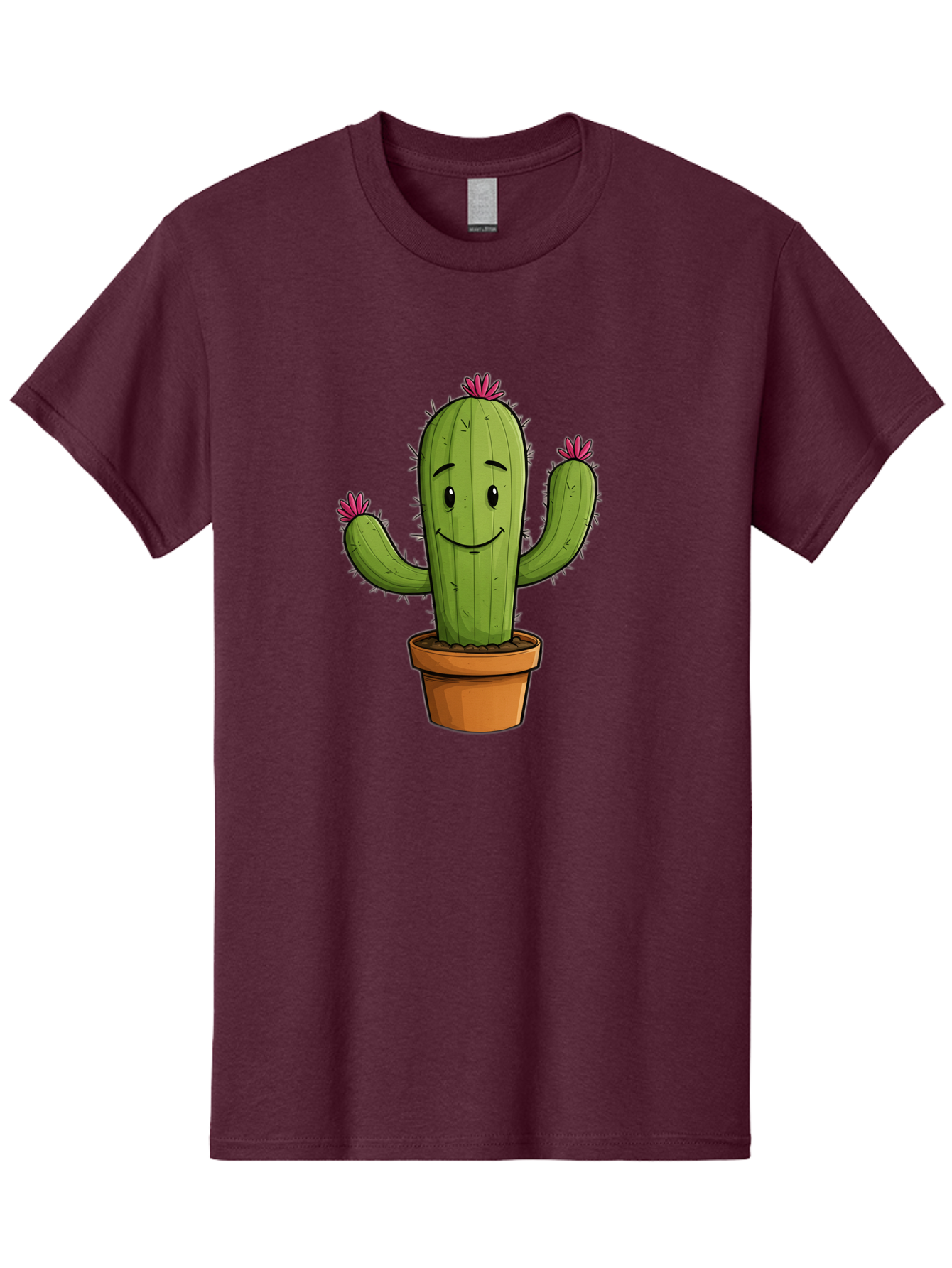 Cactus-8 Men'S Graphic Tee, 100% Cotton, Comfortable Casual Summer Wear, Machine Washable, Cartoon Cactus, Happy Face, Potted Plant, Cacti, Prickly Pear, Succulent, Flowering Cactus, Kawaii, Cute, Smiling Cactus, Pink Flowers, Quirky, Fun, Bac730
