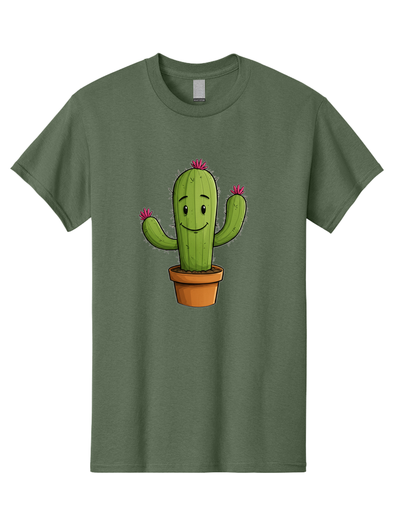 Cactus-8 Men'S Graphic Tee, 100% Cotton, Comfortable Casual Summer Wear, Machine Washable, Cartoon Cactus, Happy Face, Potted Plant, Cacti, Prickly Pear, Succulent, Flowering Cactus, Kawaii, Cute, Smiling Cactus, Pink Flowers, Quirky, Fun, Bac730