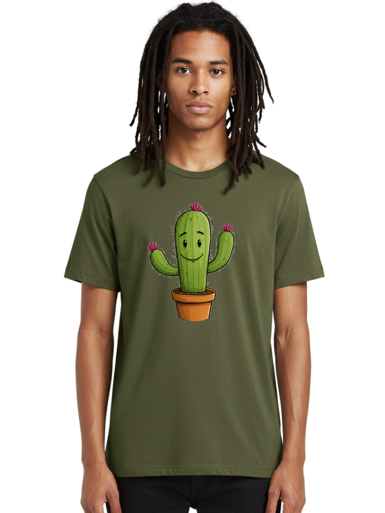 Cactus-8 Men'S Graphic Tee, 100% Cotton, Comfortable Casual Summer Wear, Machine Washable, Cartoon Cactus, Happy Face, Potted Plant, Cacti, Prickly Pear, Succulent, Flowering Cactus, Kawaii, Cute, Smiling Cactus, Pink Flowers, Quirky, Fun, Bac730