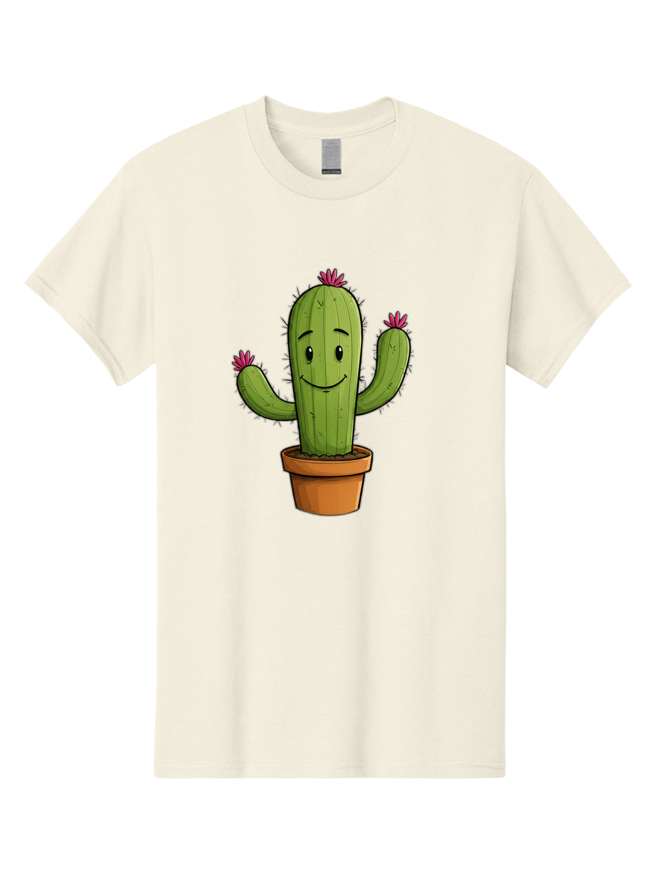 Cactus-8 Men'S Graphic Tee, 100% Cotton, Comfortable Casual Summer Wear, Machine Washable, Cartoon Cactus, Happy Face, Potted Plant, Cacti, Prickly Pear, Succulent, Flowering Cactus, Kawaii, Cute, Smiling Cactus, Pink Flowers, Quirky, Fun, Bac730