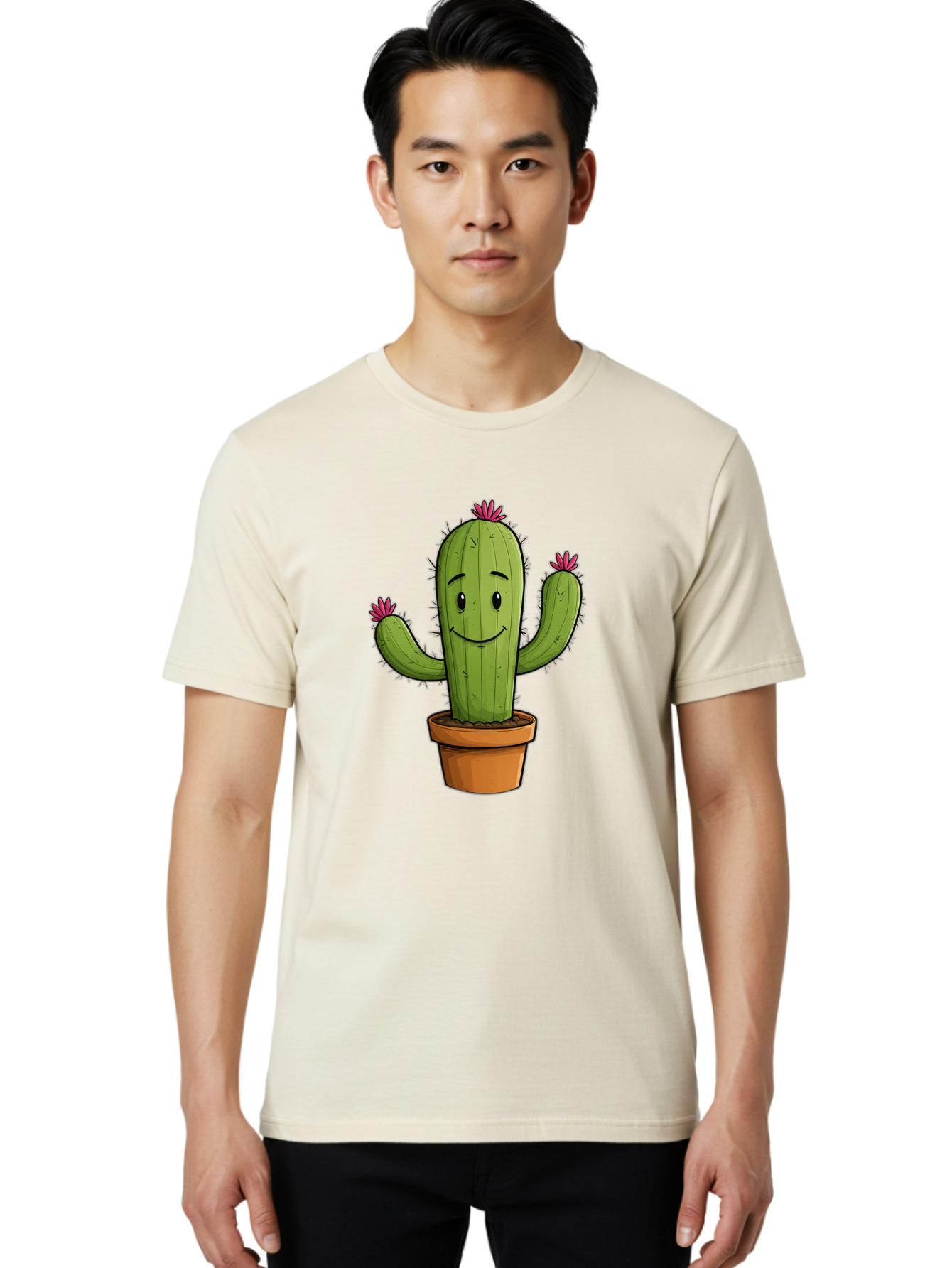 Cactus-8 Men'S Graphic Tee, 100% Cotton, Comfortable Casual Summer Wear, Machine Washable, Cartoon Cactus, Happy Face, Potted Plant, Cacti, Prickly Pear, Succulent, Flowering Cactus, Kawaii, Cute, Smiling Cactus, Pink Flowers, Quirky, Fun, Bac730