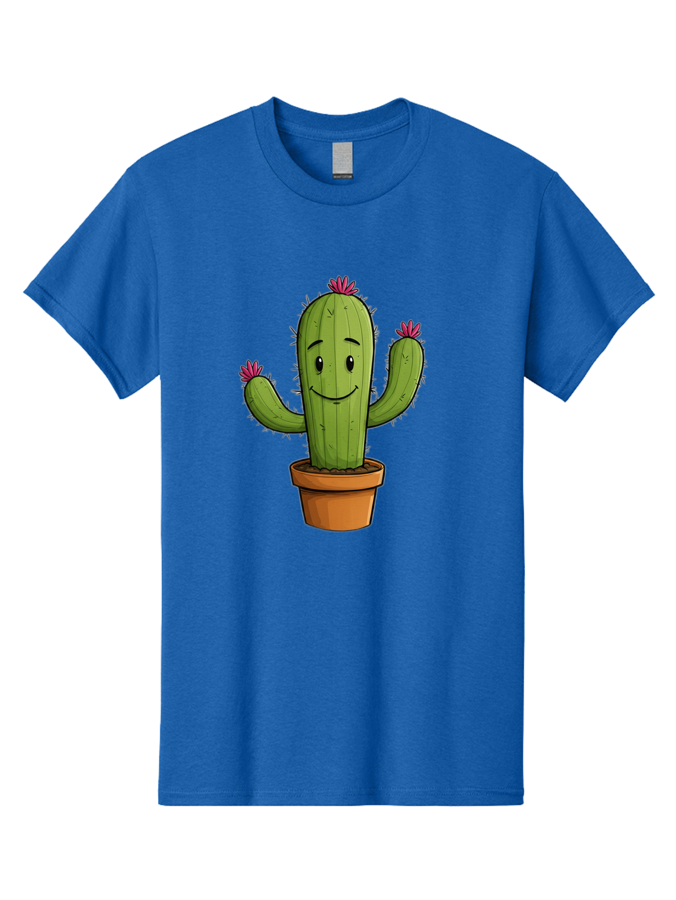 Cactus-8 Men'S Graphic Tee, 100% Cotton, Comfortable Casual Summer Wear, Machine Washable, Cartoon Cactus, Happy Face, Potted Plant, Cacti, Prickly Pear, Succulent, Flowering Cactus, Kawaii, Cute, Smiling Cactus, Pink Flowers, Quirky, Fun, Bac730