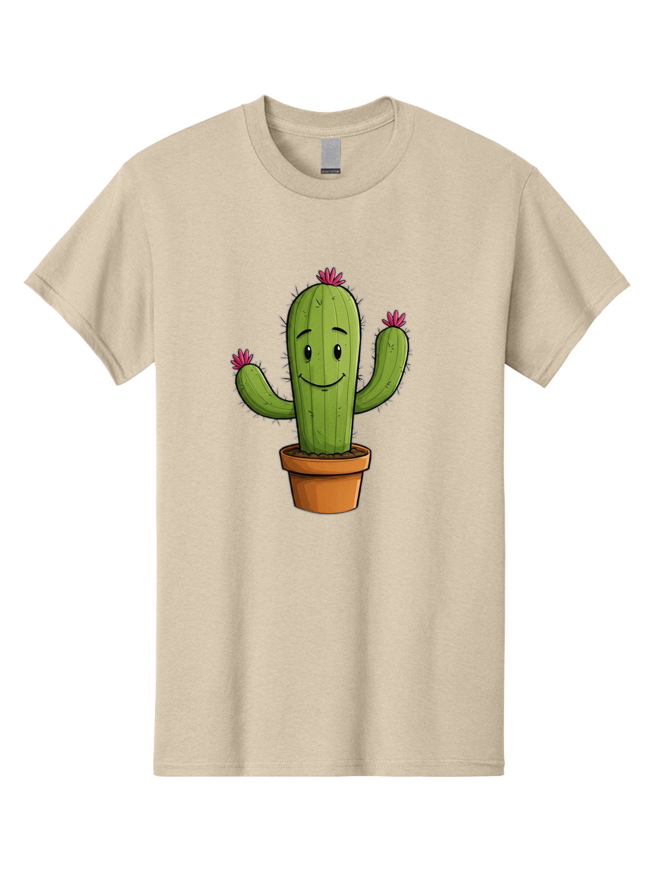 Cactus-8 Men'S Graphic Tee, 100% Cotton, Comfortable Casual Summer Wear, Machine Washable, Cartoon Cactus, Happy Face, Potted Plant, Cacti, Prickly Pear, Succulent, Flowering Cactus, Kawaii, Cute, Smiling Cactus, Pink Flowers, Quirky, Fun, Bac730