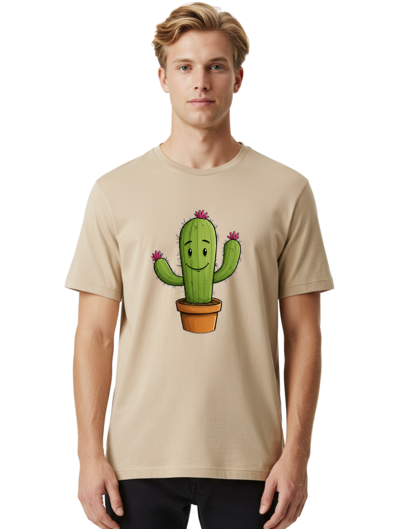 Cactus-8 Men'S Graphic Tee, 100% Cotton, Comfortable Casual Summer Wear, Machine Washable, Cartoon Cactus, Happy Face, Potted Plant, Cacti, Prickly Pear, Succulent, Flowering Cactus, Kawaii, Cute, Smiling Cactus, Pink Flowers, Quirky, Fun, Bac730