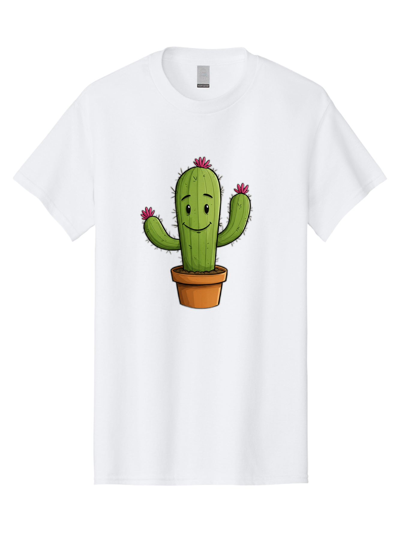 Cactus-8 Men'S Graphic Tee, 100% Cotton, Comfortable Casual Summer Wear, Machine Washable, Cartoon Cactus, Happy Face, Potted Plant, Cacti, Prickly Pear, Succulent, Flowering Cactus, Kawaii, Cute, Smiling Cactus, Pink Flowers, Quirky, Fun, Bac730