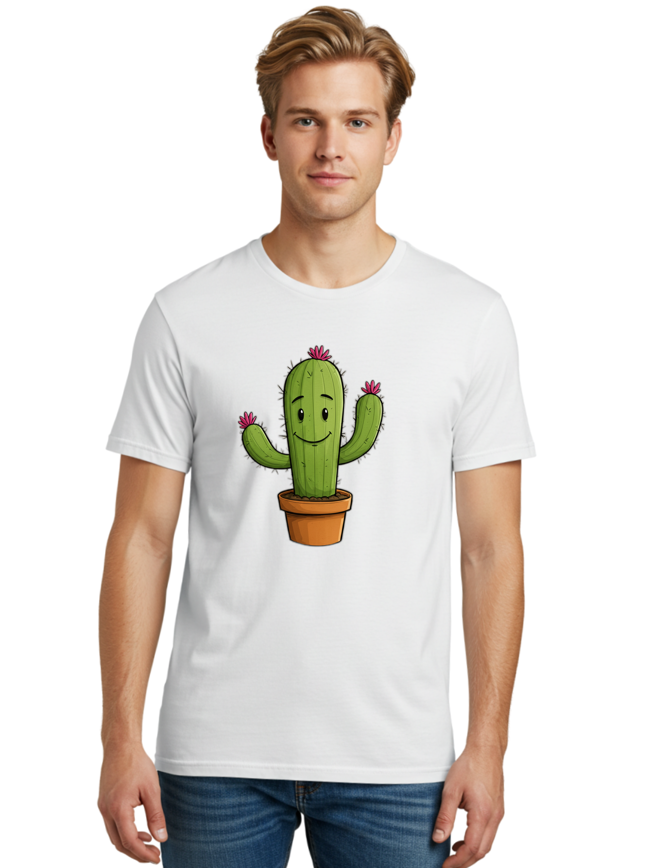 Cactus-8 Men'S Graphic Tee, 100% Cotton, Comfortable Casual Summer Wear, Machine Washable, Cartoon Cactus, Happy Face, Potted Plant, Cacti, Prickly Pear, Succulent, Flowering Cactus, Kawaii, Cute, Smiling Cactus, Pink Flowers, Quirky, Fun, Bac730