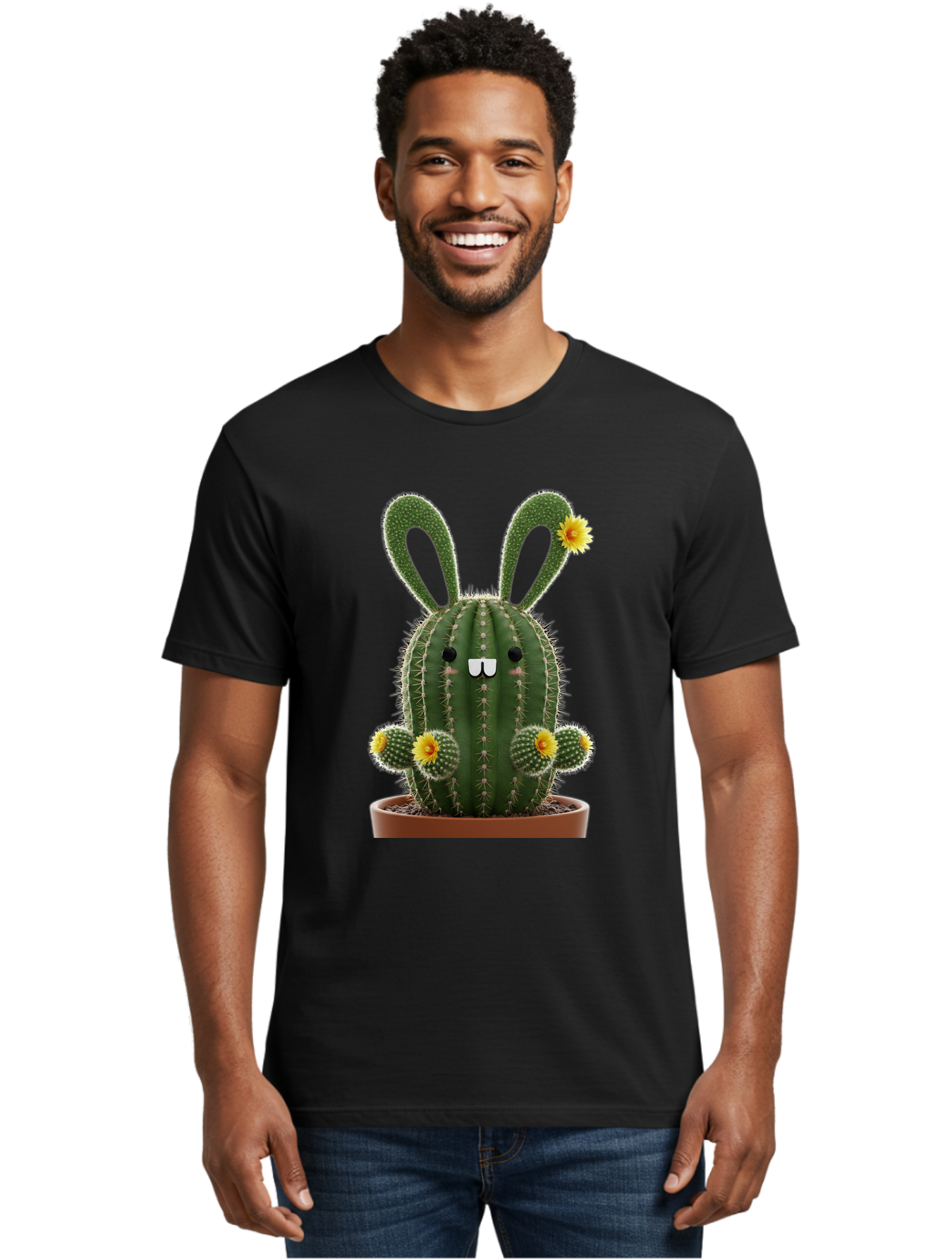 Cactus-Bunny Men'S Graphic Tee, 100% Cotton, Comfortable Casual Summer Wear, Machine Washable, Cartoon Cactus With Bunny Ears, Cute Cactus Character, Potted Cactus Plant, Funny Cactus Design, Blooming Cactus Flowers, Desert Flora, Bac731
