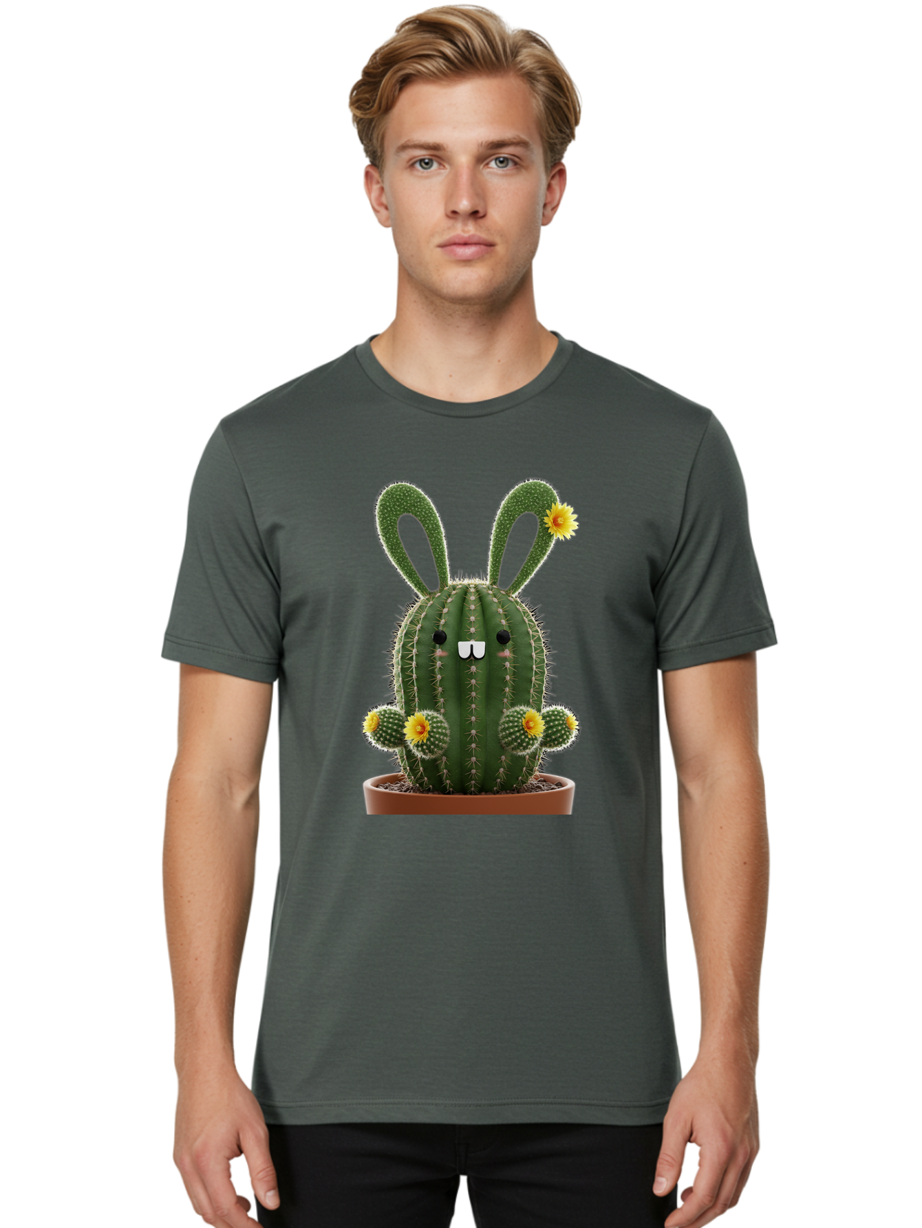 Cactus-Bunny Men'S Graphic Tee, 100% Cotton, Comfortable Casual Summer Wear, Machine Washable, Cartoon Cactus With Bunny Ears, Cute Cactus Character, Potted Cactus Plant, Funny Cactus Design, Blooming Cactus Flowers, Desert Flora, Bac731