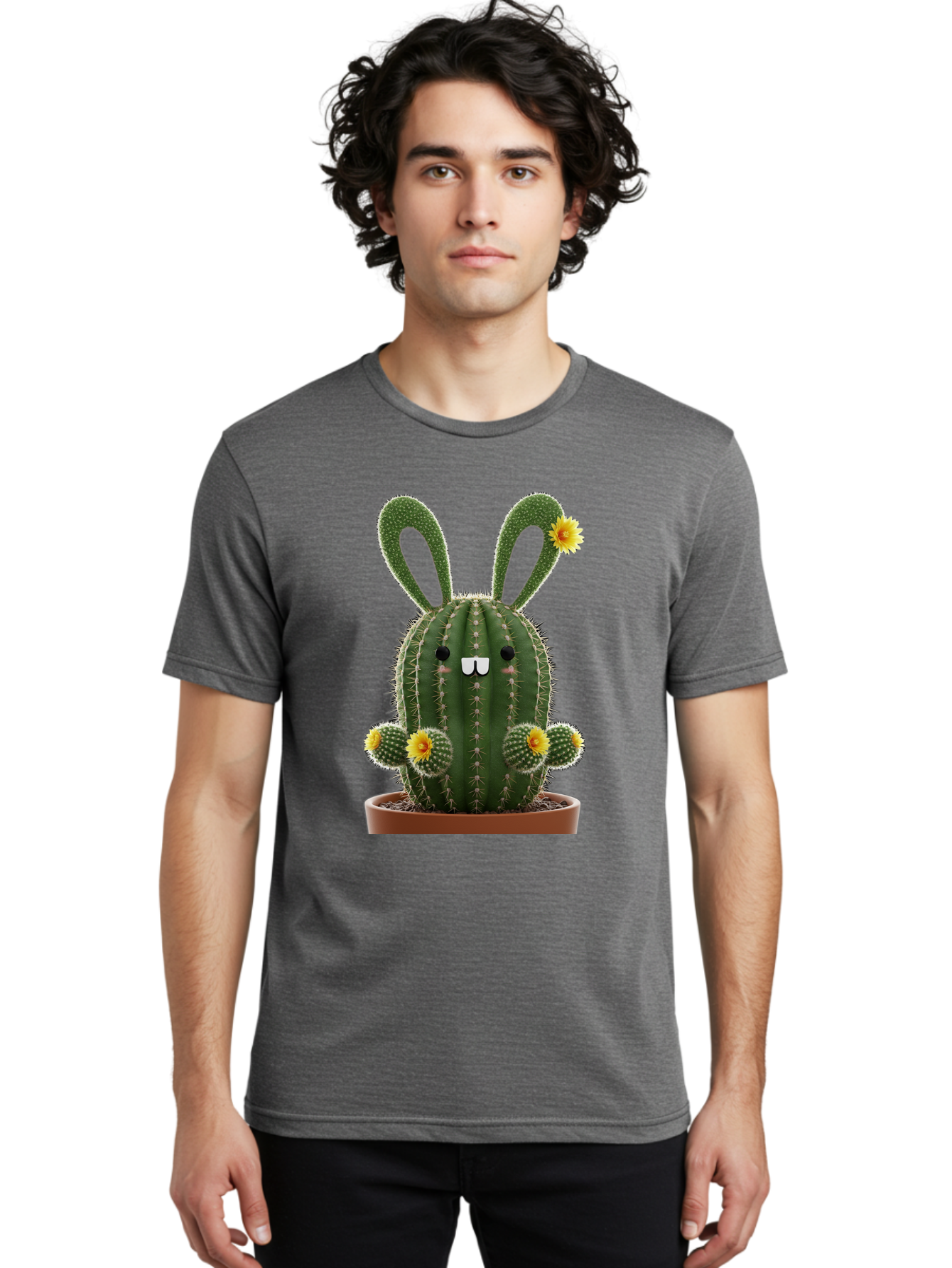 Cactus-Bunny Men'S Graphic Tee, 100% Cotton, Comfortable Casual Summer Wear, Machine Washable, Cartoon Cactus With Bunny Ears, Cute Cactus Character, Potted Cactus Plant, Funny Cactus Design, Blooming Cactus Flowers, Desert Flora, Bac731