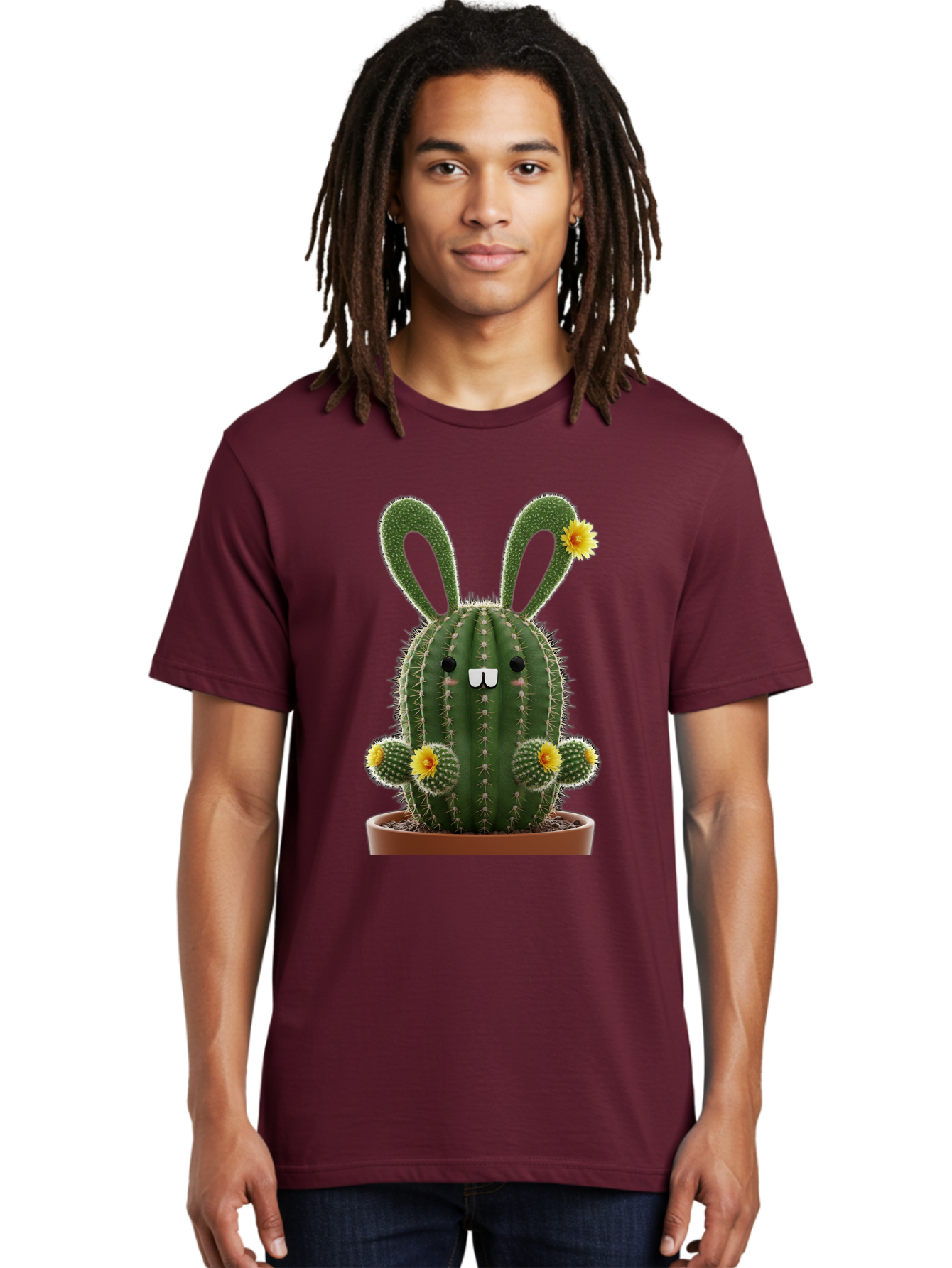 Cactus-Bunny Men'S Graphic Tee, 100% Cotton, Comfortable Casual Summer Wear, Machine Washable, Cartoon Cactus With Bunny Ears, Cute Cactus Character, Potted Cactus Plant, Funny Cactus Design, Blooming Cactus Flowers, Desert Flora, Bac731