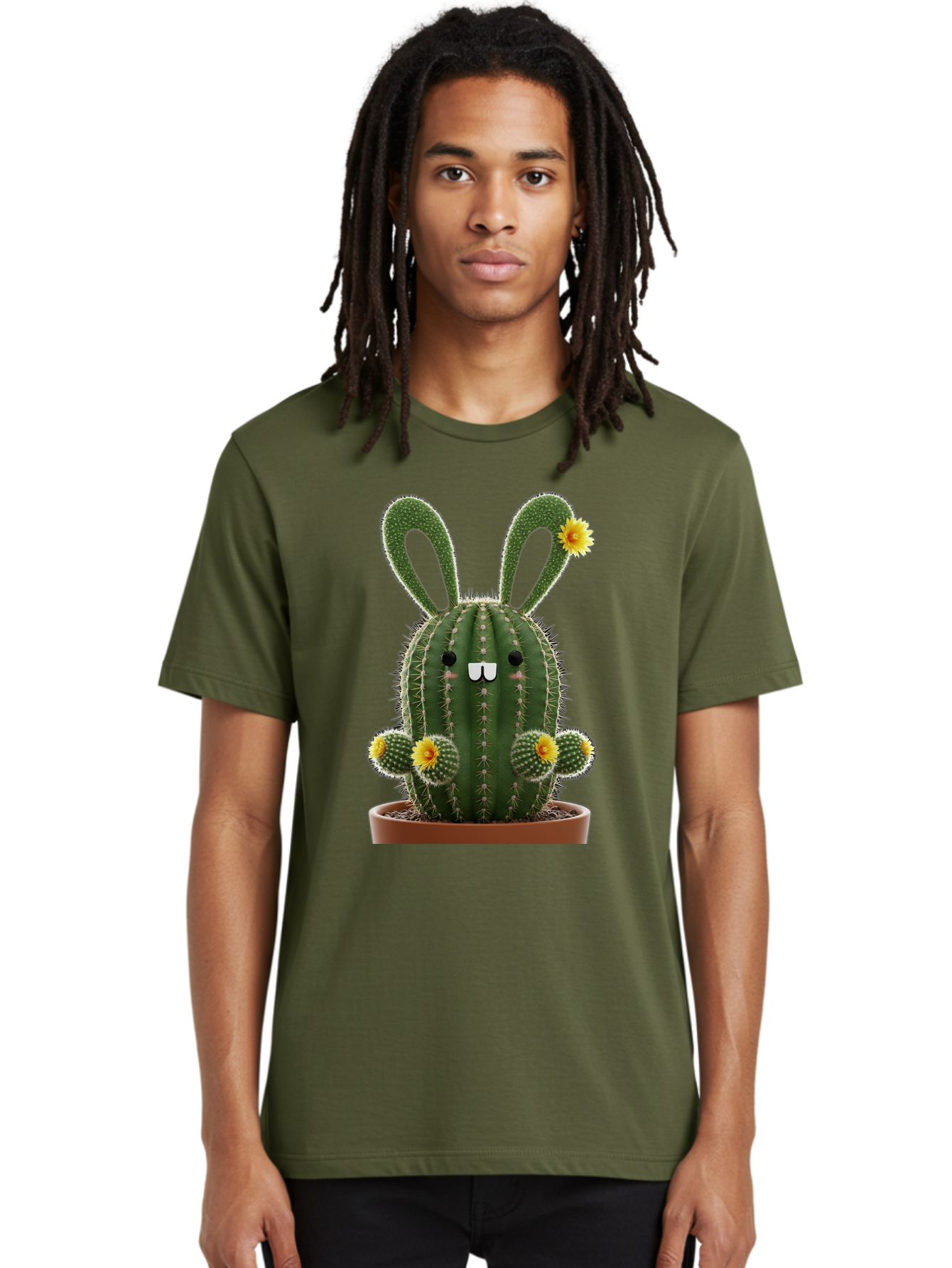 Cactus-Bunny Men'S Graphic Tee, 100% Cotton, Comfortable Casual Summer Wear, Machine Washable, Cartoon Cactus With Bunny Ears, Cute Cactus Character, Potted Cactus Plant, Funny Cactus Design, Blooming Cactus Flowers, Desert Flora, Bac731