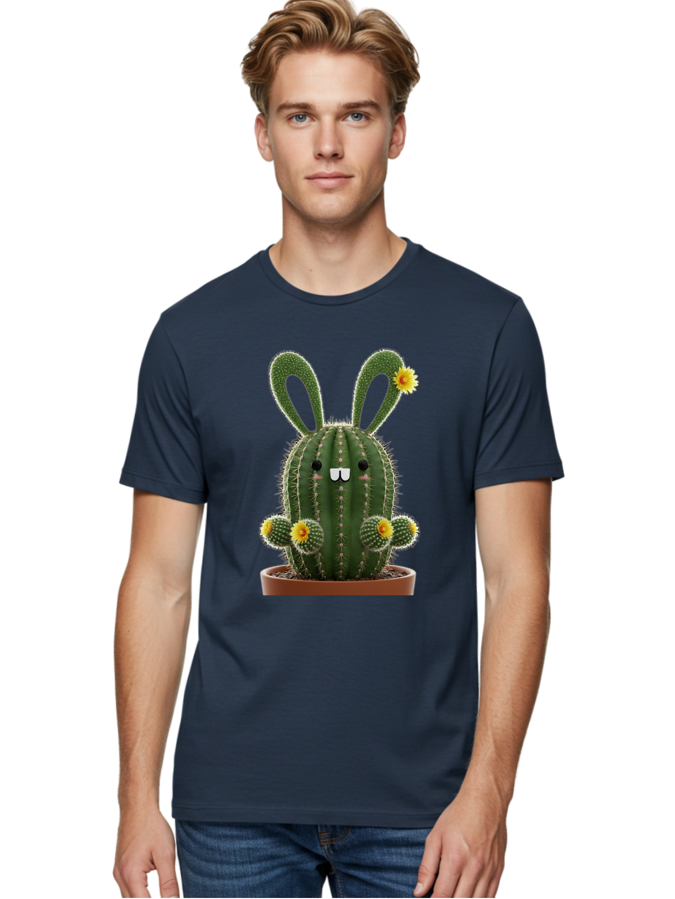 Cactus-Bunny Men'S Graphic Tee, 100% Cotton, Comfortable Casual Summer Wear, Machine Washable, Cartoon Cactus With Bunny Ears, Cute Cactus Character, Potted Cactus Plant, Funny Cactus Design, Blooming Cactus Flowers, Desert Flora, Bac731