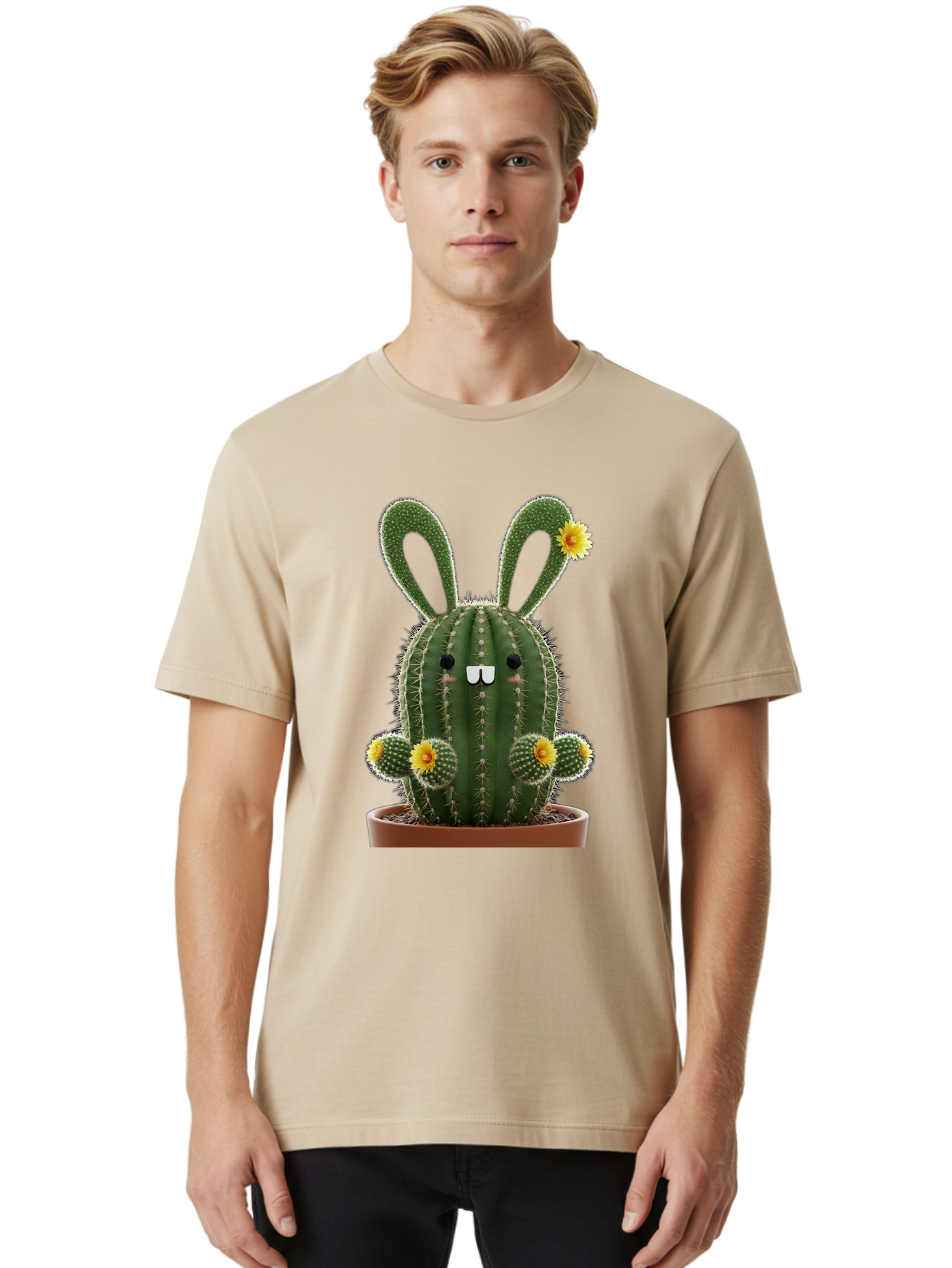 Cactus-Bunny Men'S Graphic Tee, 100% Cotton, Comfortable Casual Summer Wear, Machine Washable, Cartoon Cactus With Bunny Ears, Cute Cactus Character, Potted Cactus Plant, Funny Cactus Design, Blooming Cactus Flowers, Desert Flora, Bac731