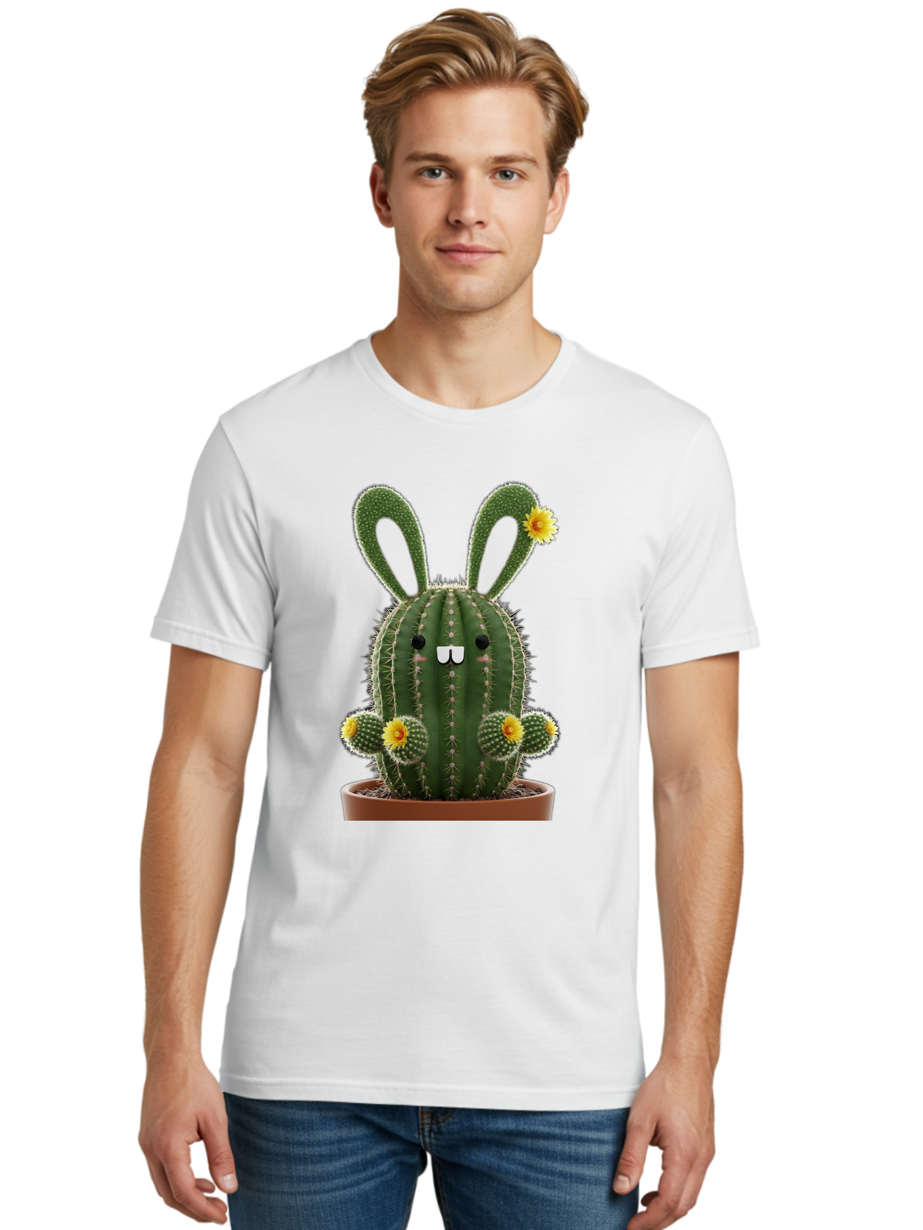 Cactus-Bunny Men'S Graphic Tee, 100% Cotton, Comfortable Casual Summer Wear, Machine Washable, Cartoon Cactus With Bunny Ears, Cute Cactus Character, Potted Cactus Plant, Funny Cactus Design, Blooming Cactus Flowers, Desert Flora, Bac731