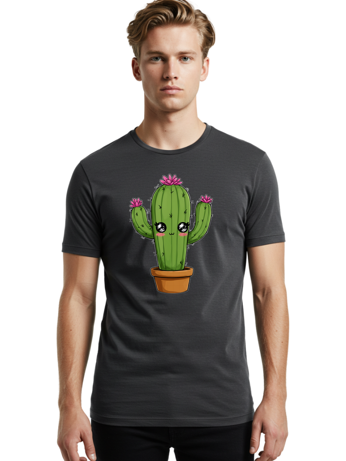 Cactus-Cartoon Men'S Graphic Tee, 100% Cotton, Comfortable Casual Summer Wear, Machine Washable, Cartoon Cactus, Pink Flowers, Terracotta Pot, Kawaii Style, Cute Desert Plant, Floral Cactus, Adorable Character Design, Succulent Illustration Bac732