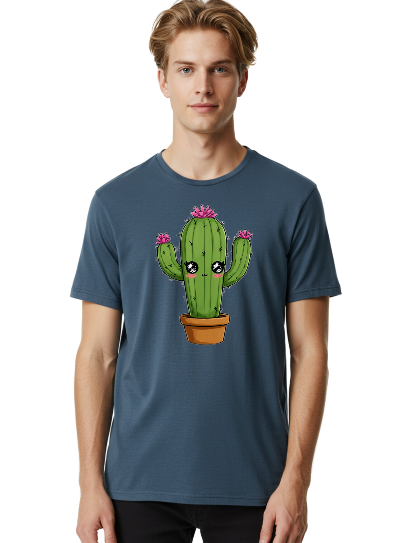 Cactus-Cartoon Men'S Graphic Tee, 100% Cotton, Comfortable Casual Summer Wear, Machine Washable, Cartoon Cactus, Pink Flowers, Terracotta Pot, Kawaii Style, Cute Desert Plant, Floral Cactus, Adorable Character Design, Succulent Illustration Bac732