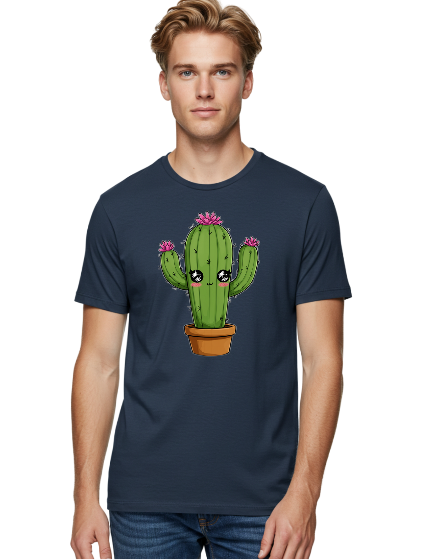 Cactus-Cartoon Men'S Graphic Tee, 100% Cotton, Comfortable Casual Summer Wear, Machine Washable, Cartoon Cactus, Pink Flowers, Terracotta Pot, Kawaii Style, Cute Desert Plant, Floral Cactus, Adorable Character Design, Succulent Illustration Bac732