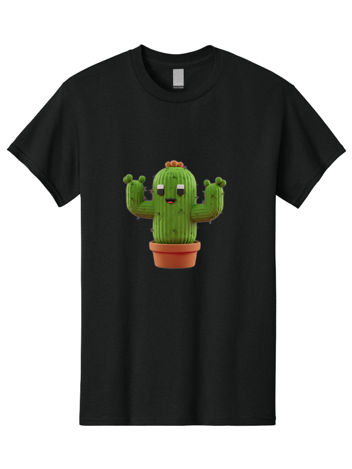 Cactus-Character-1 Men'S Graphic Tee, 100% Cotton, Comfortable Casual Summer Wear, Machine Washable, Cartoon Cactus, Potted Plant, Green Succulent, Anthropomorphic Character, Funny Face, 3D Illustration, Cute Design, Quirky Character, Bac733