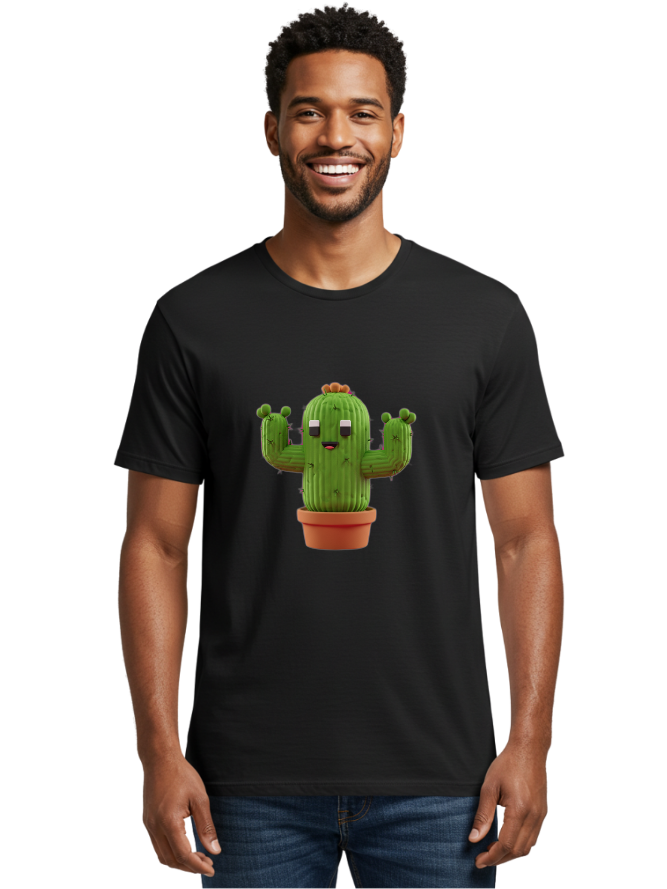 Cactus-Character-1 Men'S Graphic Tee, 100% Cotton, Comfortable Casual Summer Wear, Machine Washable, Cartoon Cactus, Potted Plant, Green Succulent, Anthropomorphic Character, Funny Face, 3D Illustration, Cute Design, Quirky Character, Bac733