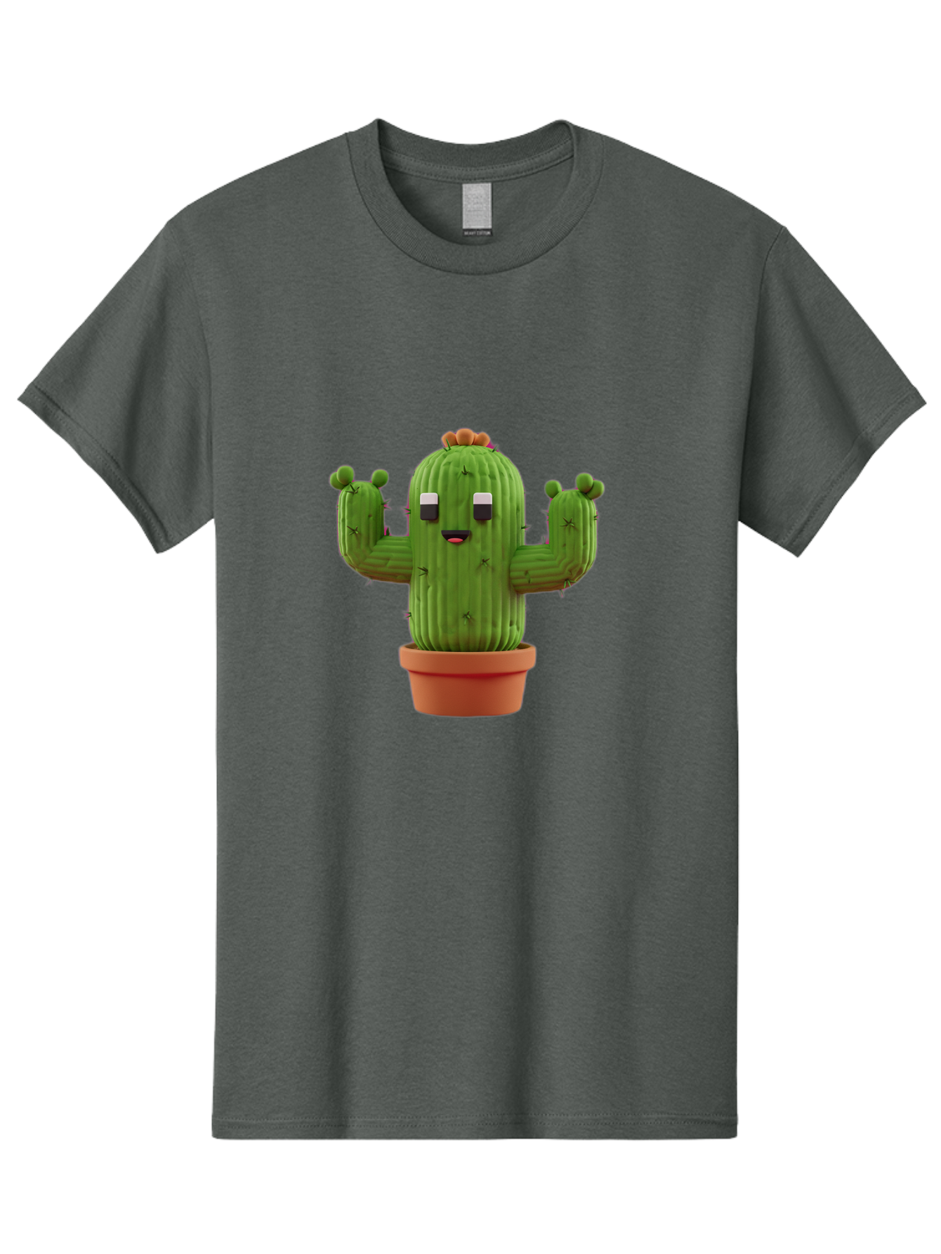 Cactus-Character-1 Men'S Graphic Tee, 100% Cotton, Comfortable Casual Summer Wear, Machine Washable, Cartoon Cactus, Potted Plant, Green Succulent, Anthropomorphic Character, Funny Face, 3D Illustration, Cute Design, Quirky Character, Bac733