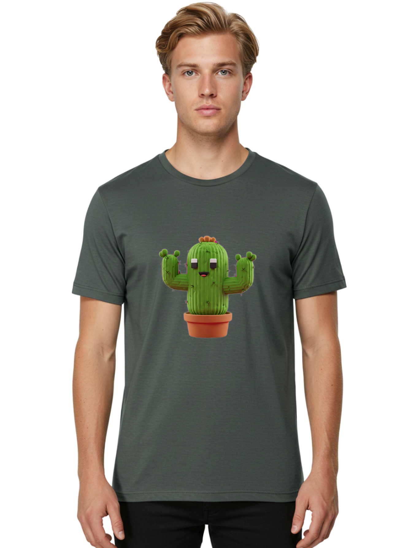 Cactus-Character-1 Men'S Graphic Tee, 100% Cotton, Comfortable Casual Summer Wear, Machine Washable, Cartoon Cactus, Potted Plant, Green Succulent, Anthropomorphic Character, Funny Face, 3D Illustration, Cute Design, Quirky Character, Bac733