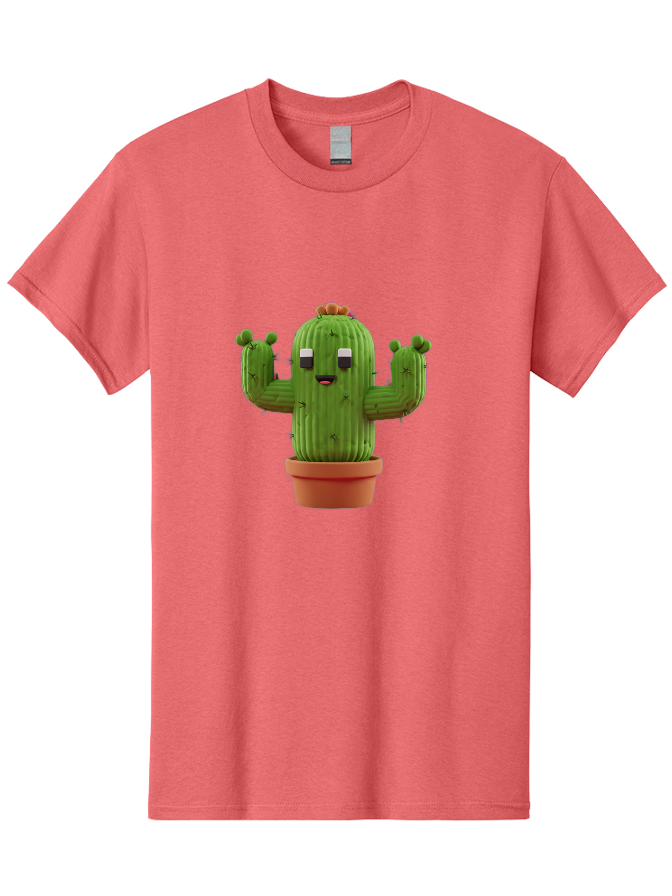 Cactus-Character-1 Men'S Graphic Tee, 100% Cotton, Comfortable Casual Summer Wear, Machine Washable, Cartoon Cactus, Potted Plant, Green Succulent, Anthropomorphic Character, Funny Face, 3D Illustration, Cute Design, Quirky Character, Bac733