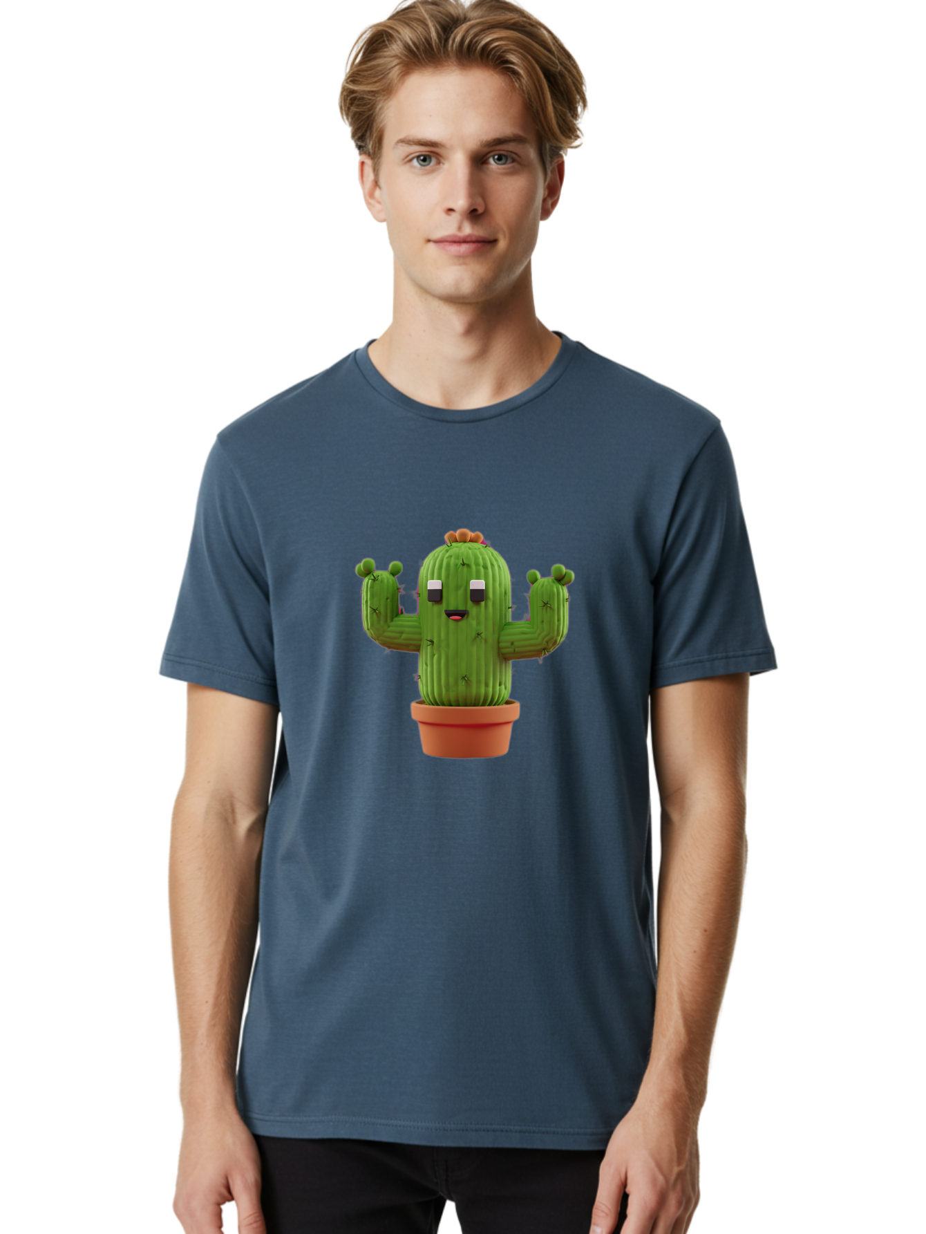 Cactus-Character-1 Men'S Graphic Tee, 100% Cotton, Comfortable Casual Summer Wear, Machine Washable, Cartoon Cactus, Potted Plant, Green Succulent, Anthropomorphic Character, Funny Face, 3D Illustration, Cute Design, Quirky Character, Bac733