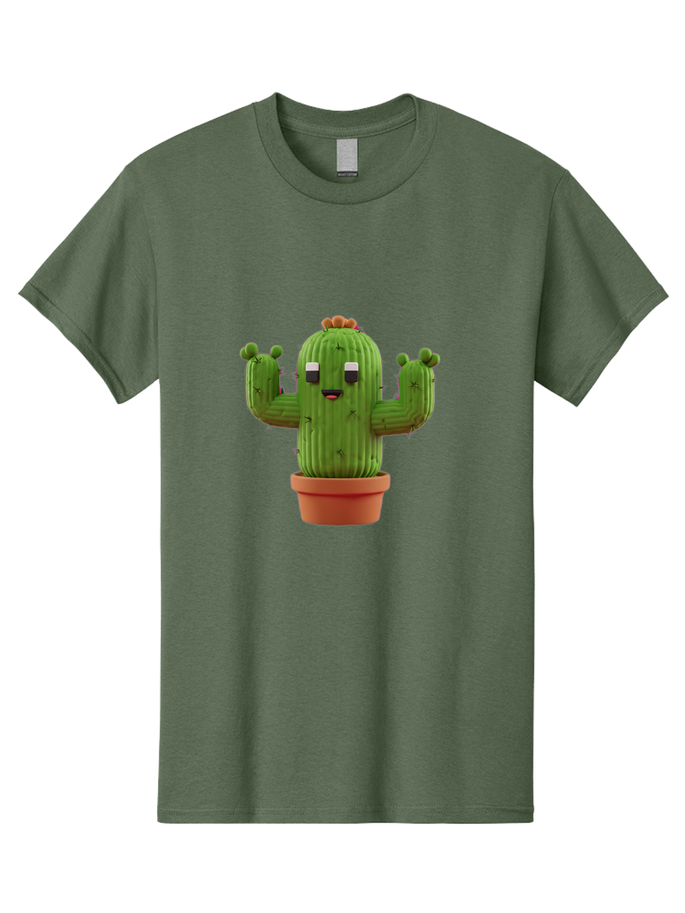 Cactus-Character-1 Men'S Graphic Tee, 100% Cotton, Comfortable Casual Summer Wear, Machine Washable, Cartoon Cactus, Potted Plant, Green Succulent, Anthropomorphic Character, Funny Face, 3D Illustration, Cute Design, Quirky Character, Bac733