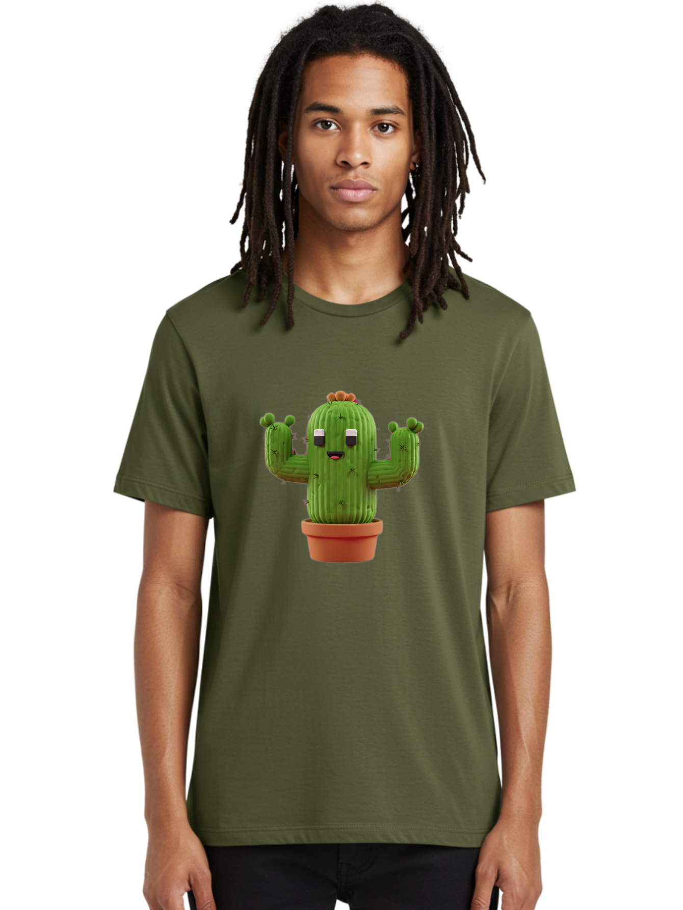 Cactus-Character-1 Men'S Graphic Tee, 100% Cotton, Comfortable Casual Summer Wear, Machine Washable, Cartoon Cactus, Potted Plant, Green Succulent, Anthropomorphic Character, Funny Face, 3D Illustration, Cute Design, Quirky Character, Bac733