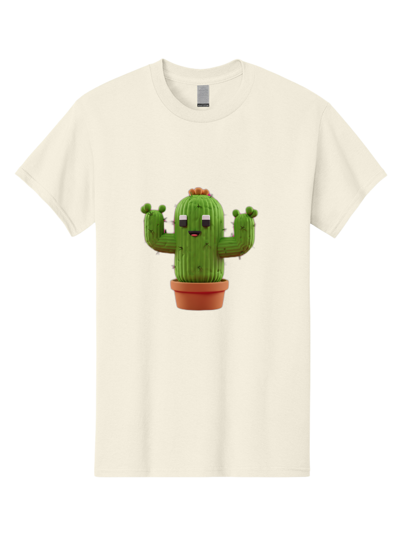 Cactus-Character-1 Men'S Graphic Tee, 100% Cotton, Comfortable Casual Summer Wear, Machine Washable, Cartoon Cactus, Potted Plant, Green Succulent, Anthropomorphic Character, Funny Face, 3D Illustration, Cute Design, Quirky Character, Bac733