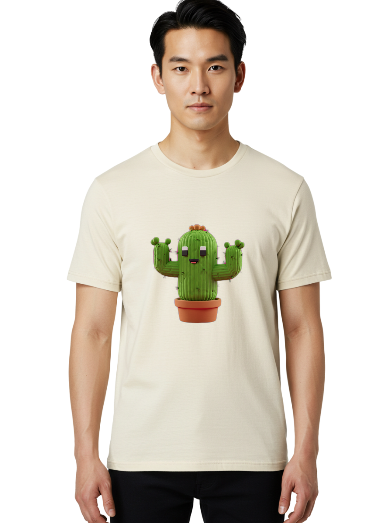 Cactus-Character-1 Men'S Graphic Tee, 100% Cotton, Comfortable Casual Summer Wear, Machine Washable, Cartoon Cactus, Potted Plant, Green Succulent, Anthropomorphic Character, Funny Face, 3D Illustration, Cute Design, Quirky Character, Bac733