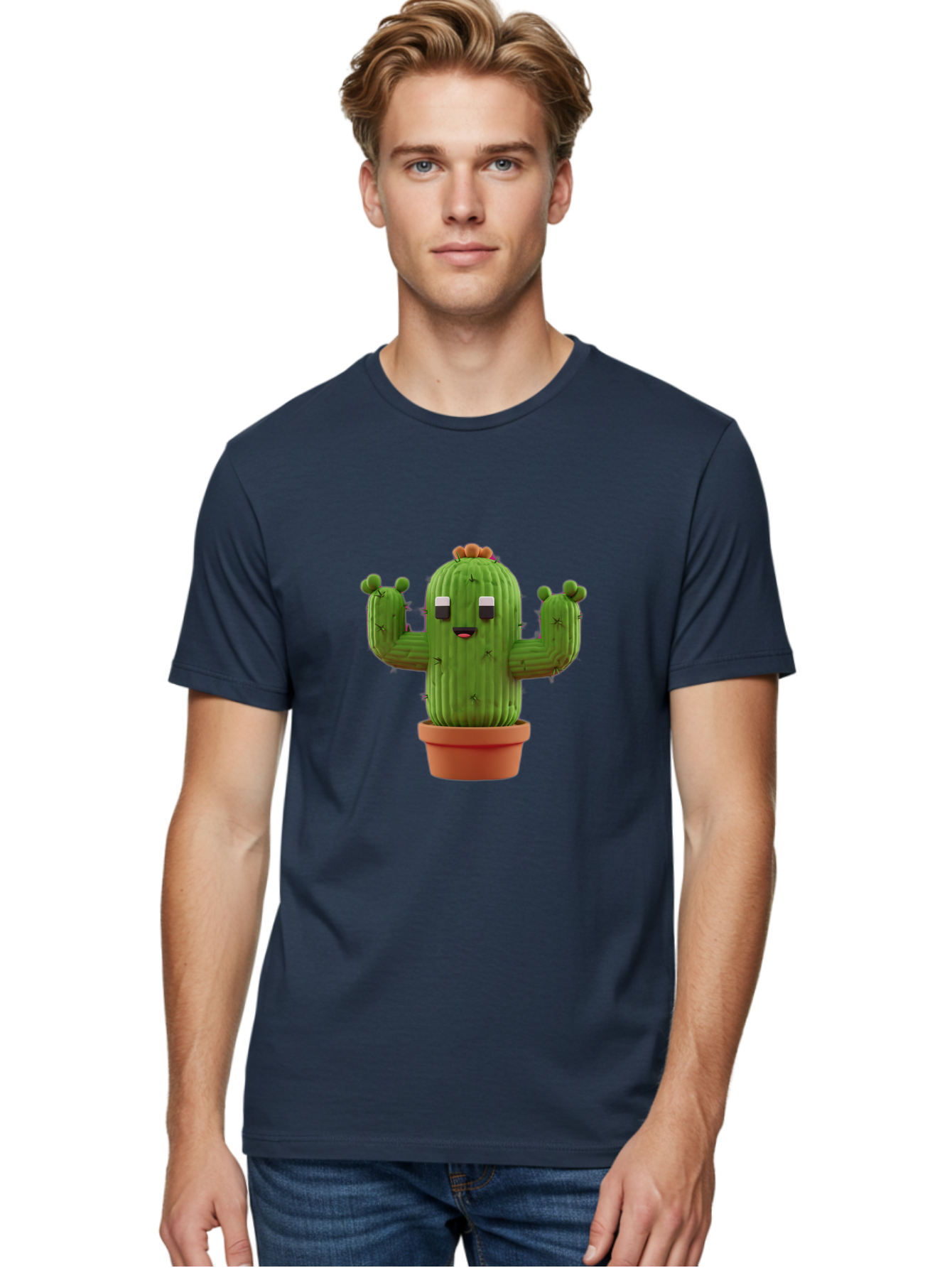 Cactus-Character-1 Men'S Graphic Tee, 100% Cotton, Comfortable Casual Summer Wear, Machine Washable, Cartoon Cactus, Potted Plant, Green Succulent, Anthropomorphic Character, Funny Face, 3D Illustration, Cute Design, Quirky Character, Bac733
