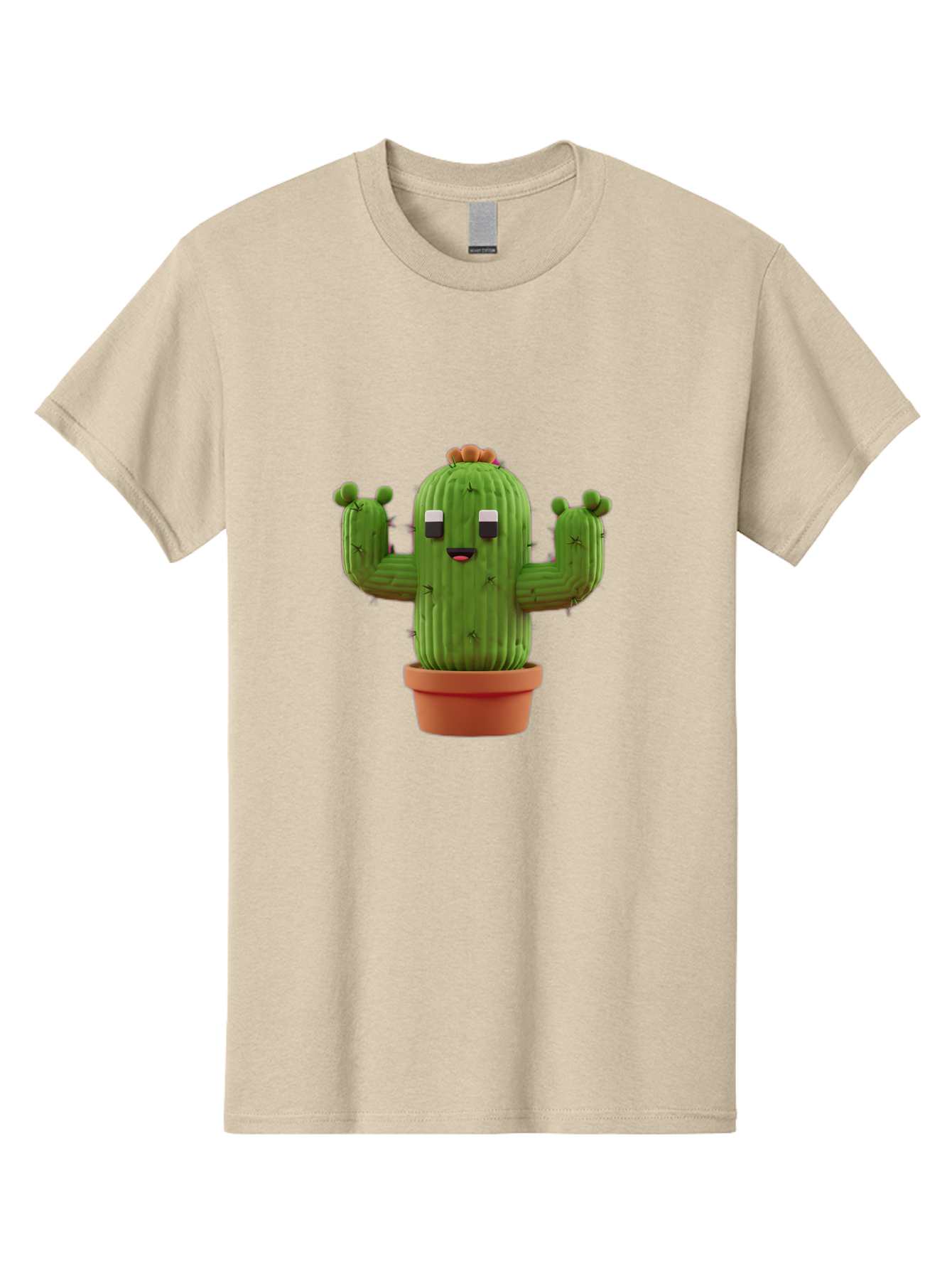 Cactus-Character-1 Men'S Graphic Tee, 100% Cotton, Comfortable Casual Summer Wear, Machine Washable, Cartoon Cactus, Potted Plant, Green Succulent, Anthropomorphic Character, Funny Face, 3D Illustration, Cute Design, Quirky Character, Bac733