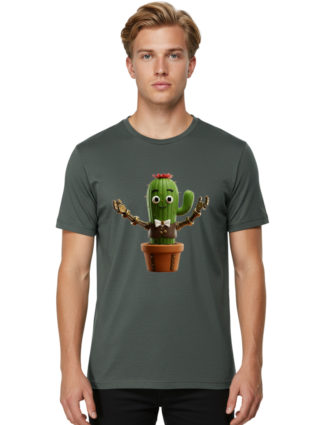 Cactus-Character-2 Men'S Graphic Tee, 100% Cotton, Comfortable Casual Summer Wear, Machine Washable, Cartoon Cactus, Robotic Arms, Potted Plant, Funny Character, Cute Design, Animated Character, Cactus In Pot, Robot Cactus, Comedic Relief, Bac734
